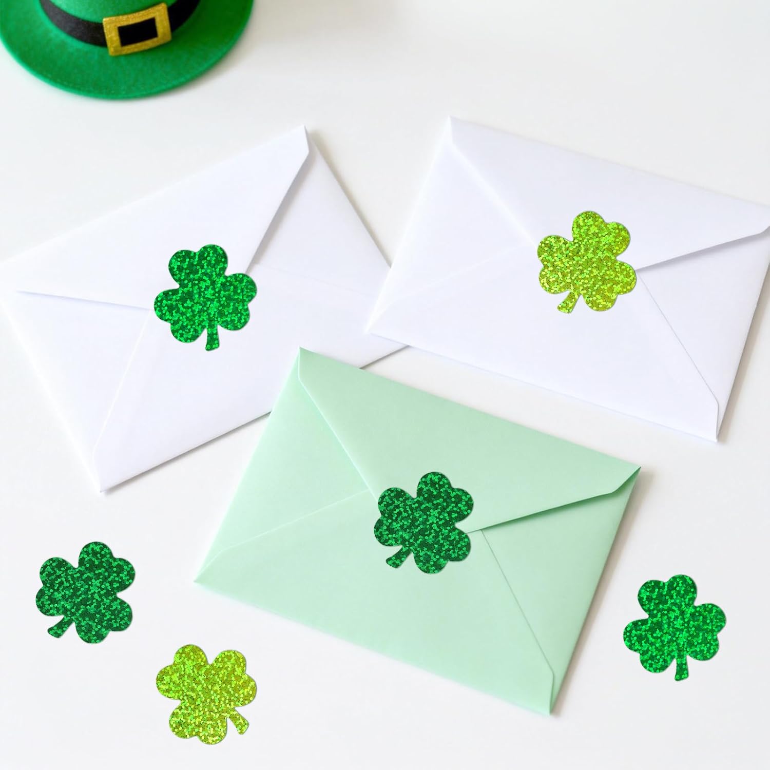 St.Patrick's Day Shamrock Stickers - 500Pcs 1.5'' Laser Shamrock Shape Stickers Roll Self Adhesive Holographic Green Irish Lucky Clover Sticker for Envelope Seal Card St.Patrick's Day (3 Color) - Image 7