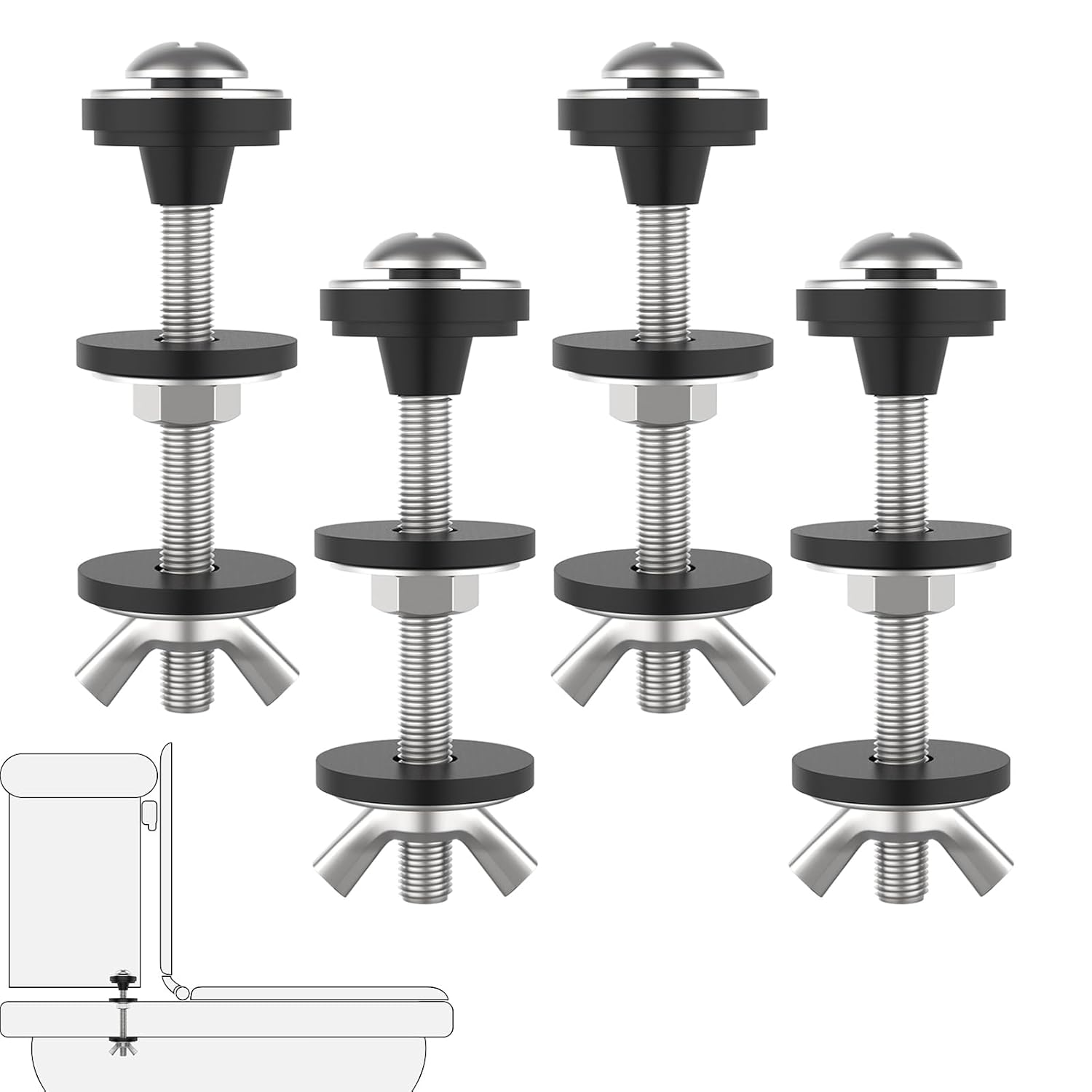 4 Pcs Universal Toilet Tank to Bowl Bolts Kit, Heavy Duty Stainless Steel Toilet Tank Bolts with Stainless and Rubber Washers Gasket for Toilet Mounting and Repair - Image 1