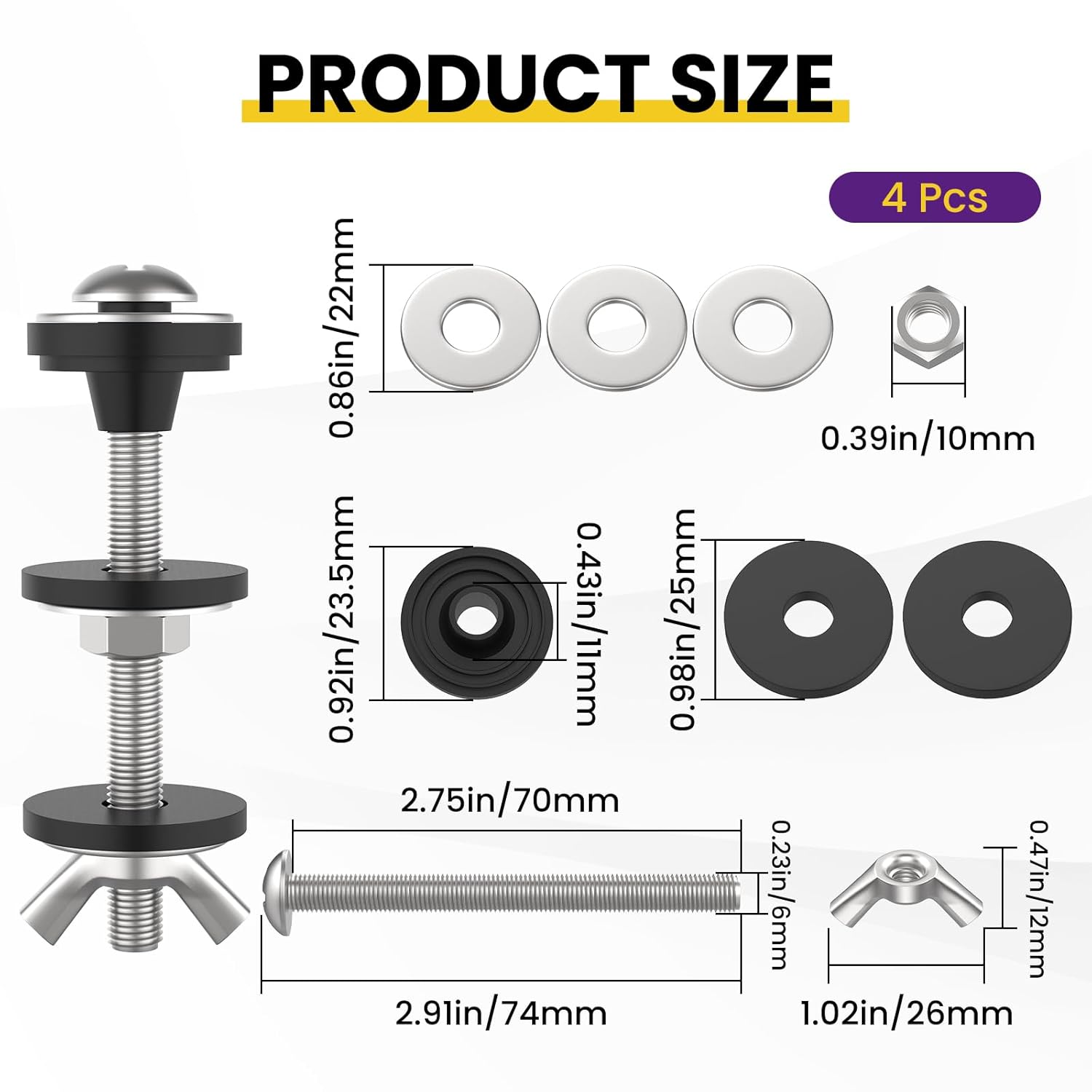 4 Pcs Universal Toilet Tank to Bowl Bolts Kit, Heavy Duty Stainless Steel Toilet Tank Bolts with Stainless and Rubber Washers Gasket for Toilet Mounting and Repair - Image 2