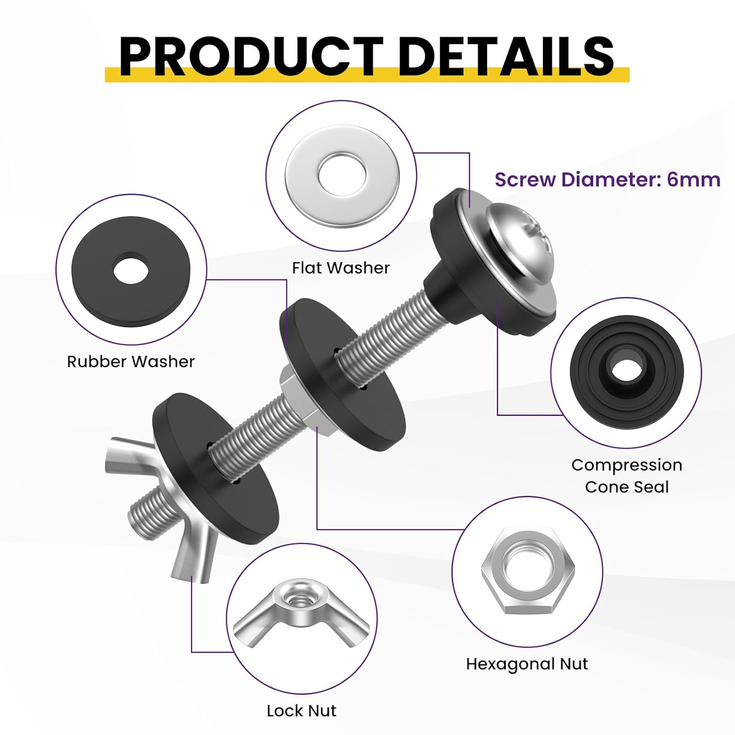 4 Pcs Universal Toilet Tank to Bowl Bolts Kit, Heavy Duty Stainless Steel Toilet Tank Bolts with Stainless and Rubber Washers Gasket for Toilet Mounting and Repair - Image 4