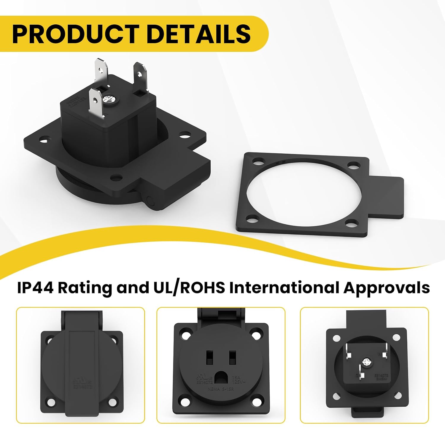 US Standard Water-Proof Power Outlet 15Amp 3-Hole Socket, 125Volt Power Outlet Receptacle, NEMA 5-15R with Cover Socket,Panel Mount Dustproof Industrial Electrical Female Plug (2-Pack) - Image 3