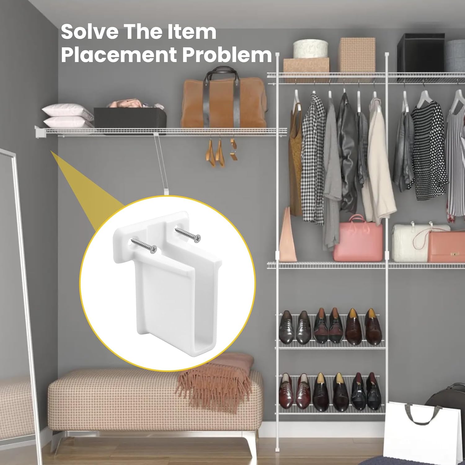 8 Pcs Wire Shelf End Bracket, White Wall Mount Closet Shelves Brackets, Wire Shelf Corner Support Bracket with Screws & Expansion Anchors for Shelves Closet - Image 6