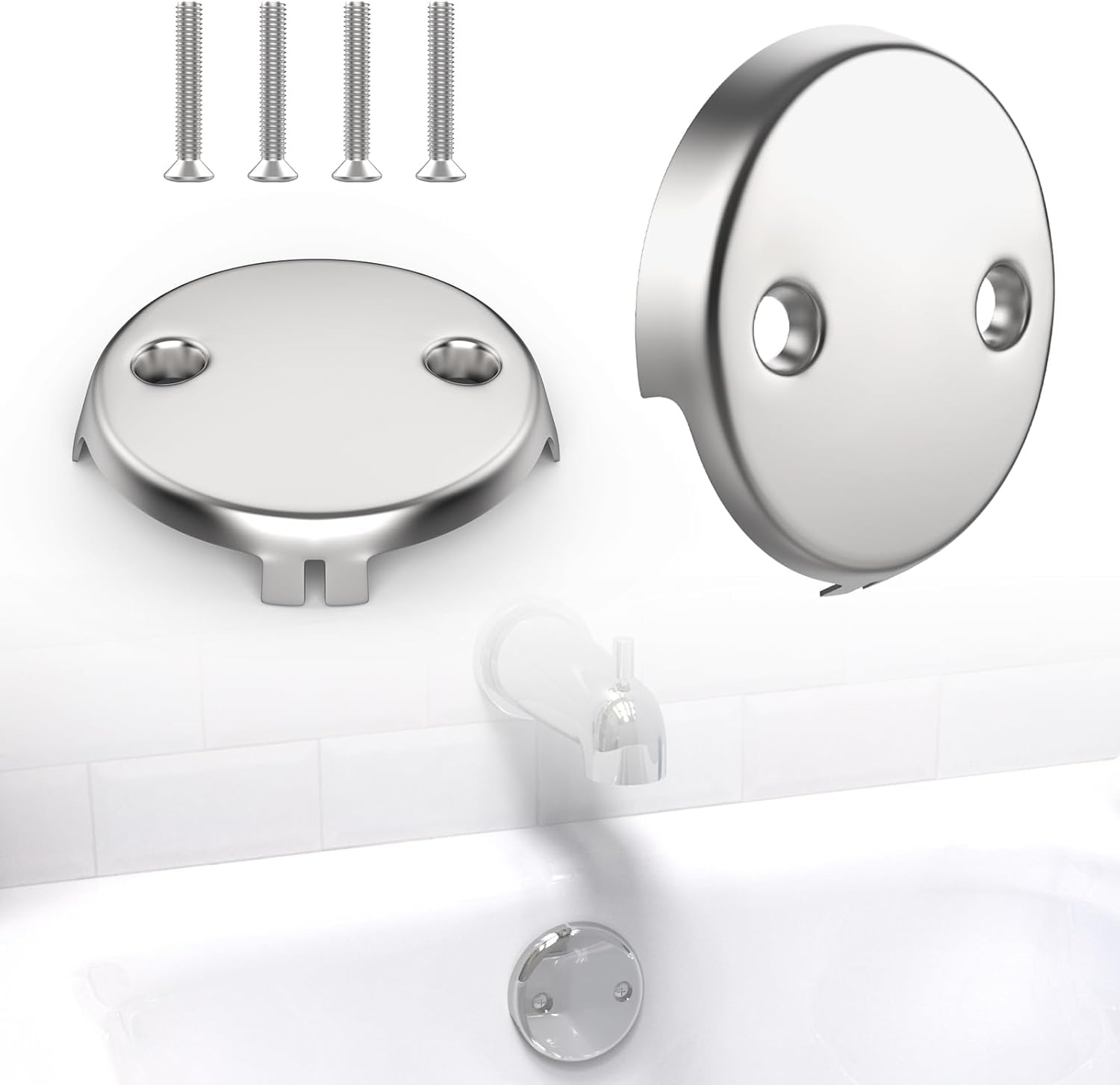 2Pcs 2-Hole Bathtub Overflow Face Plate | Universal Zinc Alloy Tub Overflow Drain Cover with Screws | Chrome Finish - Image 1