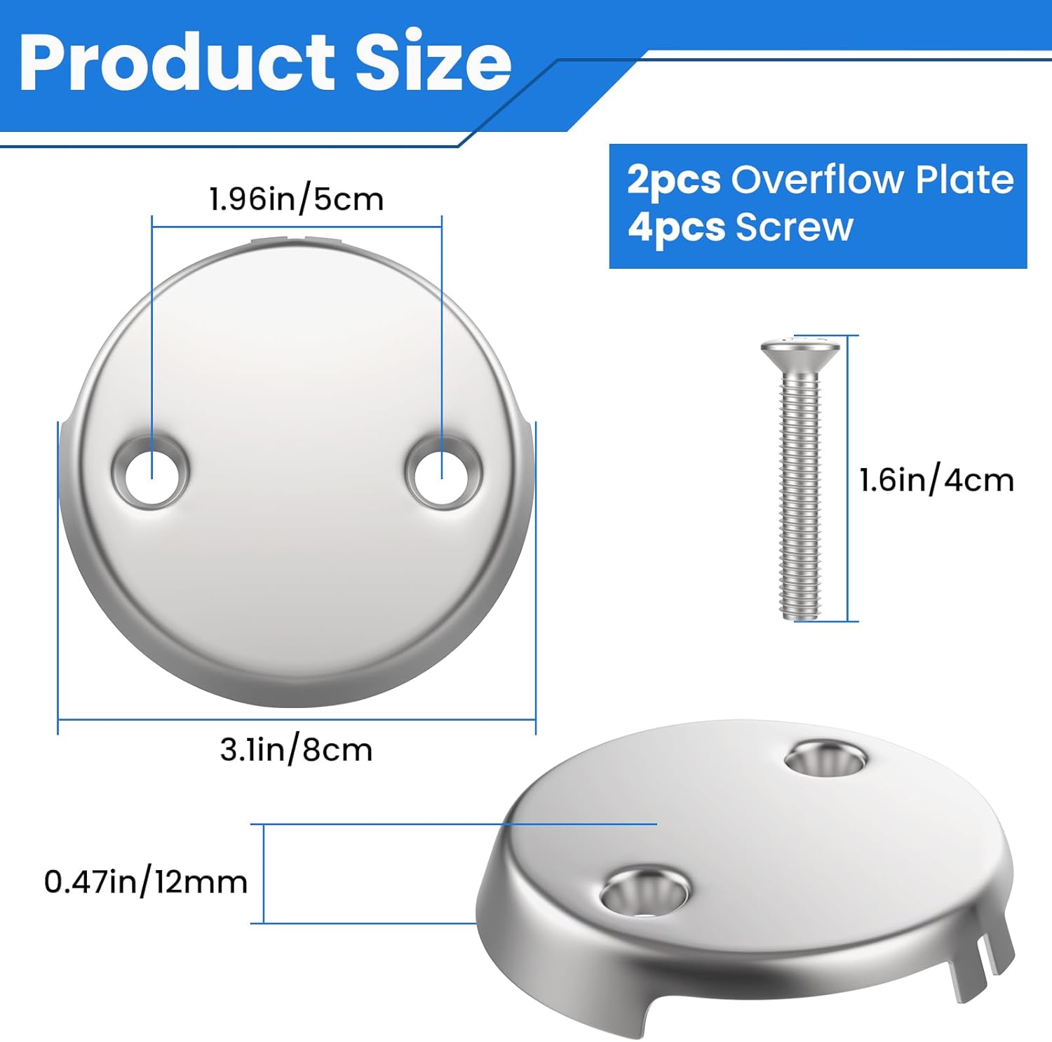 2Pcs 2-Hole Bathtub Overflow Face Plate | Universal Zinc Alloy Tub Overflow Drain Cover with Screws | Chrome Finish - Image 2