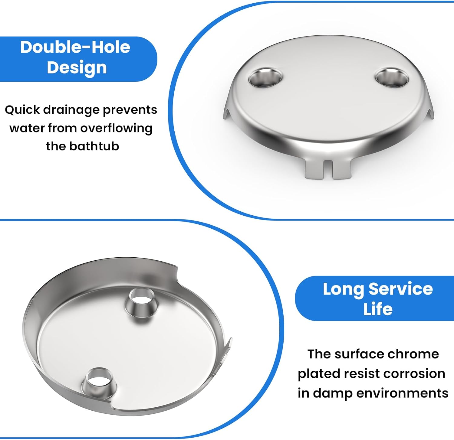 2Pcs 2-Hole Bathtub Overflow Face Plate | Universal Zinc Alloy Tub Overflow Drain Cover with Screws | Chrome Finish - Image 4