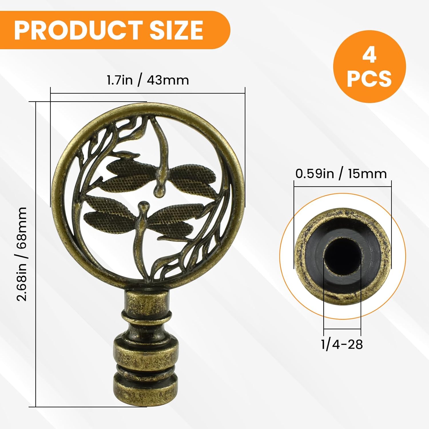 4 Pcs Lamp Finial Cap Knob, Hollowing Out Treatment Double Dragonflies Lamp Finials, 1-2/3 inch Dragonfly Design Lamp Decoration for Lamp Shade Antique Bronze - Image 4