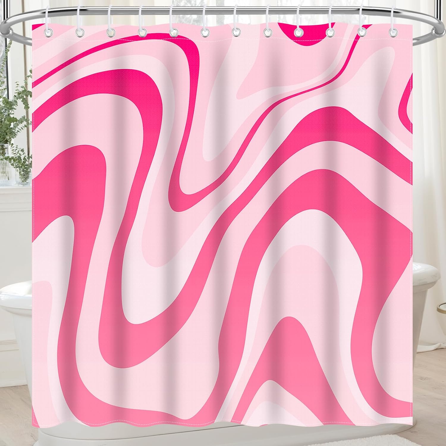Pink Shower Curtain for Bathroom Cute Wavy Swirl 70S Abstract Retro Vintage Preppy Aesthetic Fabric Waterproof Bathroom Shower Curtains Set with Hooks 72x72 Inch - Image 1