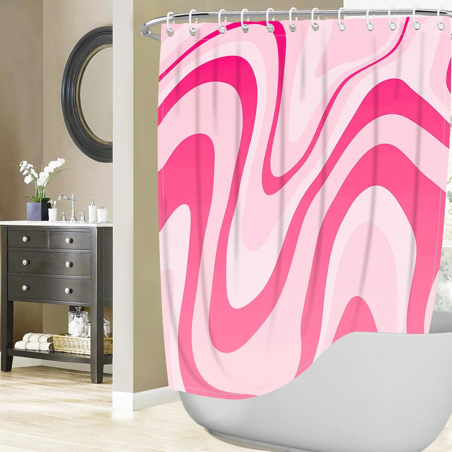 Pink Shower Curtain for Bathroom Cute Wavy Swirl 70S Abstract Retro Vintage Preppy Aesthetic Fabric Waterproof Bathroom Shower Curtains Set with Hooks 72x72 Inch - Image 2