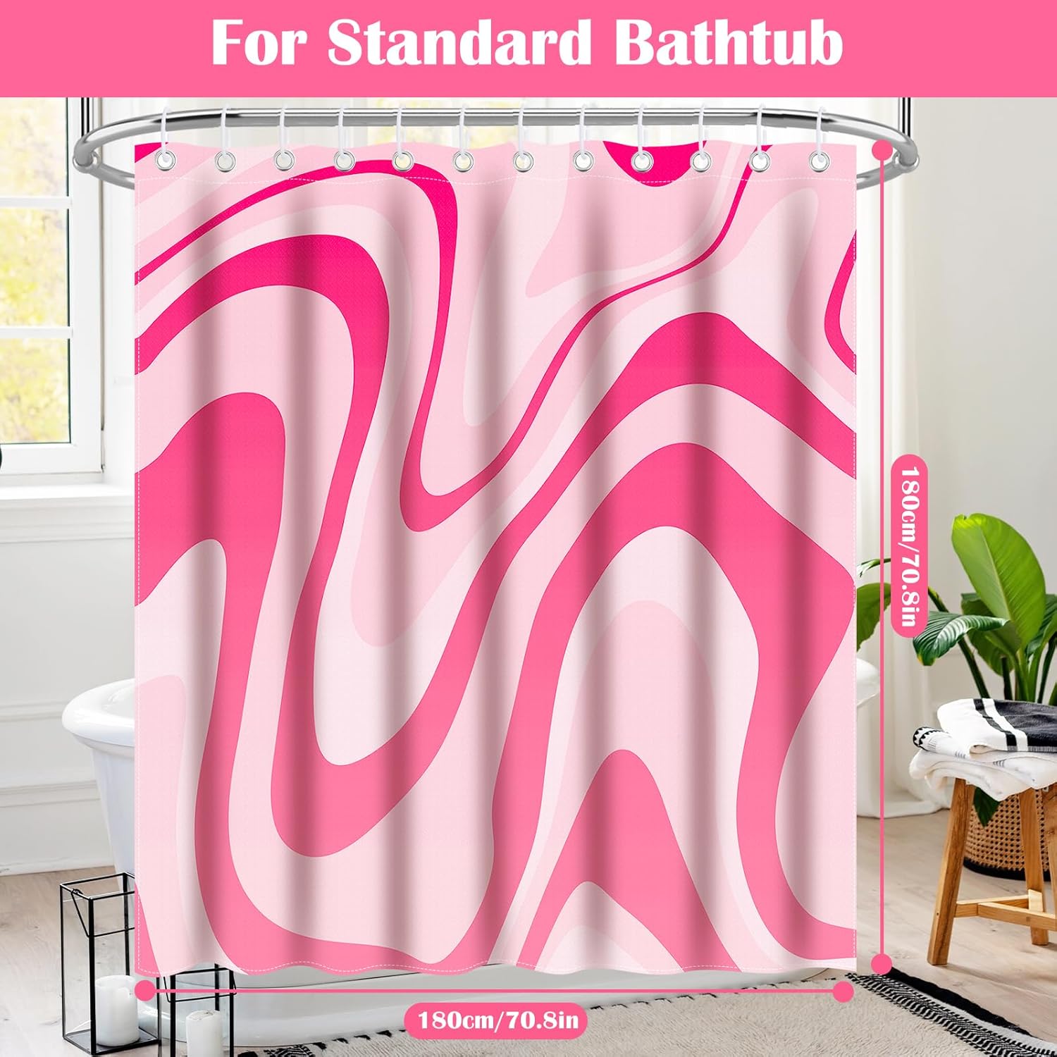 Pink Shower Curtain for Bathroom Cute Wavy Swirl 70S Abstract Retro Vintage Preppy Aesthetic Fabric Waterproof Bathroom Shower Curtains Set with Hooks 72x72 Inch - Image 6