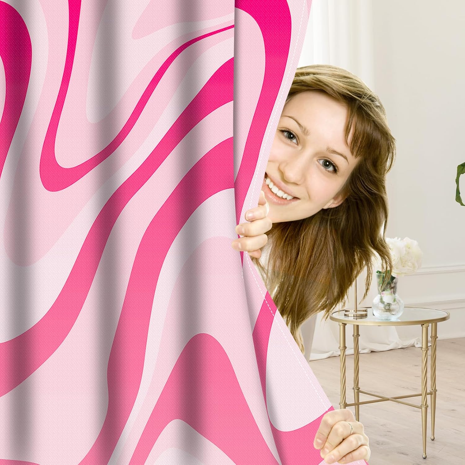 Pink Shower Curtain for Bathroom Cute Wavy Swirl 70S Abstract Retro Vintage Preppy Aesthetic Fabric Waterproof Bathroom Shower Curtains Set with Hooks 72x72 Inch - Image 7