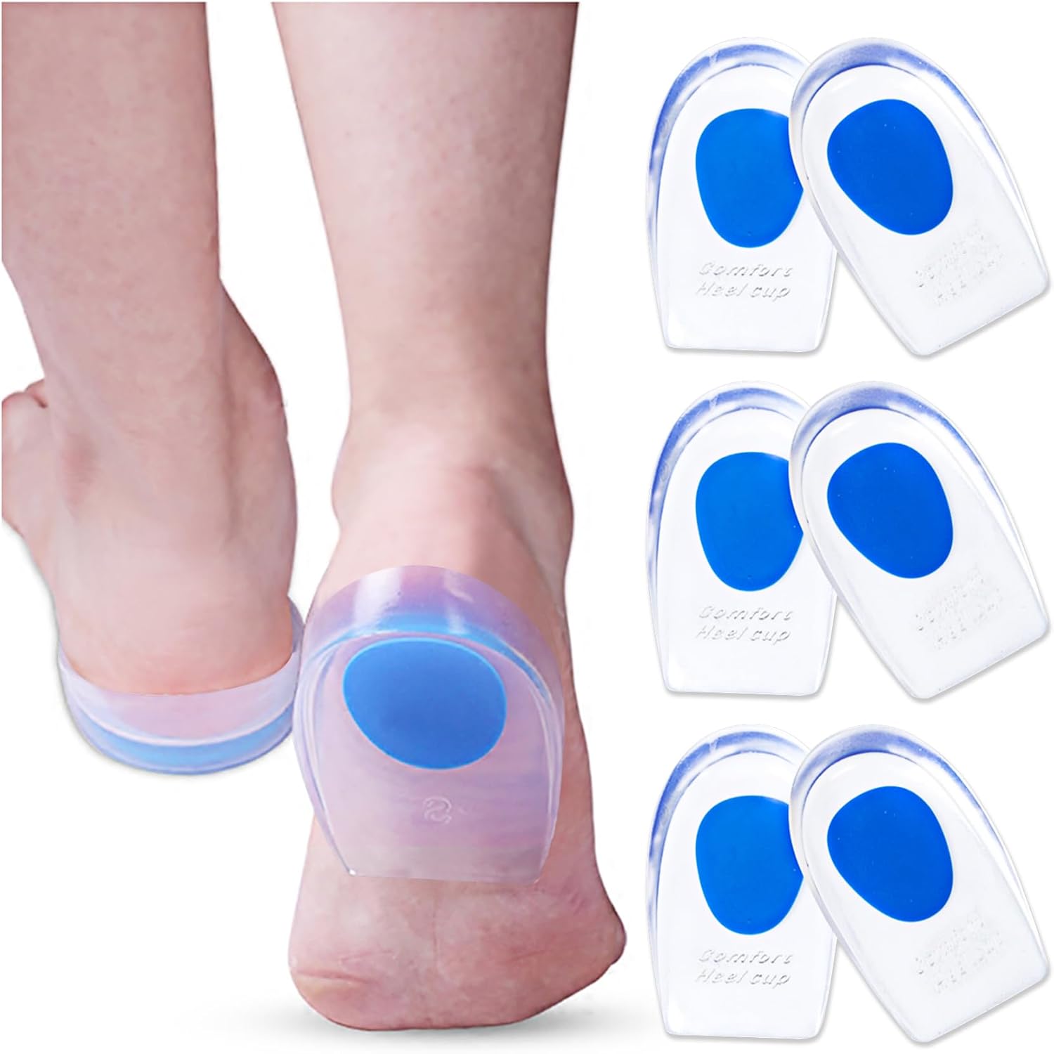 3 Pair Gel Heel Cups Plantar Fasciitis Inserts - Silicone Gel Heel Pads for Heel Pain, Bone Spur & Achilles Pain, Gel Heel Cushions and Cups, Pad & Shock Absorbing Support - Image 1