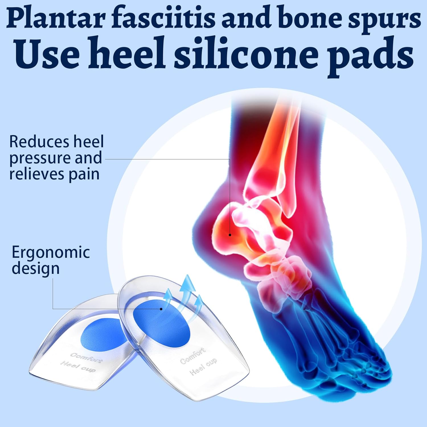 3 Pair Gel Heel Cups Plantar Fasciitis Inserts - Silicone Gel Heel Pads for Heel Pain, Bone Spur & Achilles Pain, Gel Heel Cushions and Cups, Pad & Shock Absorbing Support - Image 3