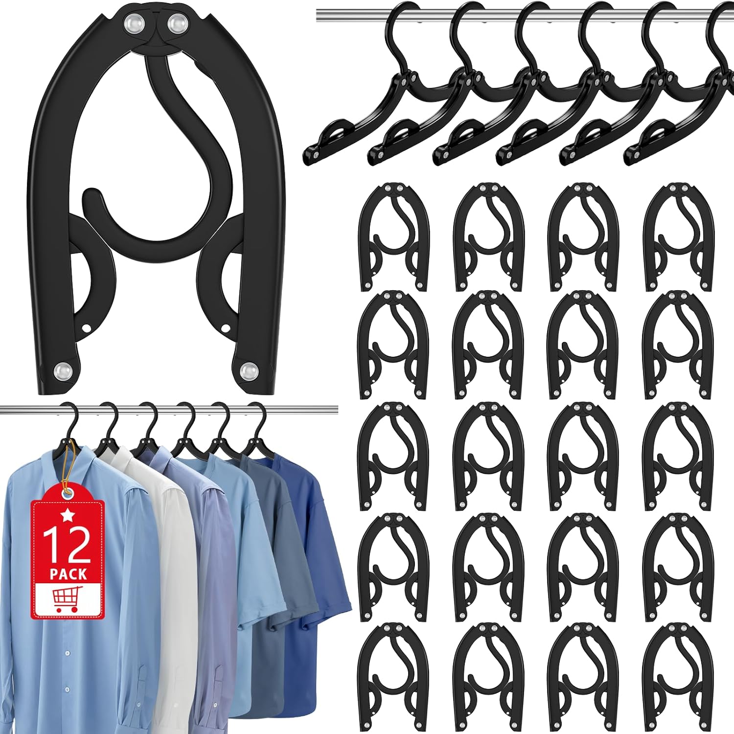 12 Pcs Portable Travel Hangers for Cruise Ship Essentials 2026, Plastic Folding Foldable Hangers Clothes Drying Rack Travel Accessories for Suitcase, RV, Camping, Flying, Hotel, Road Trip (Black) - Image 1
