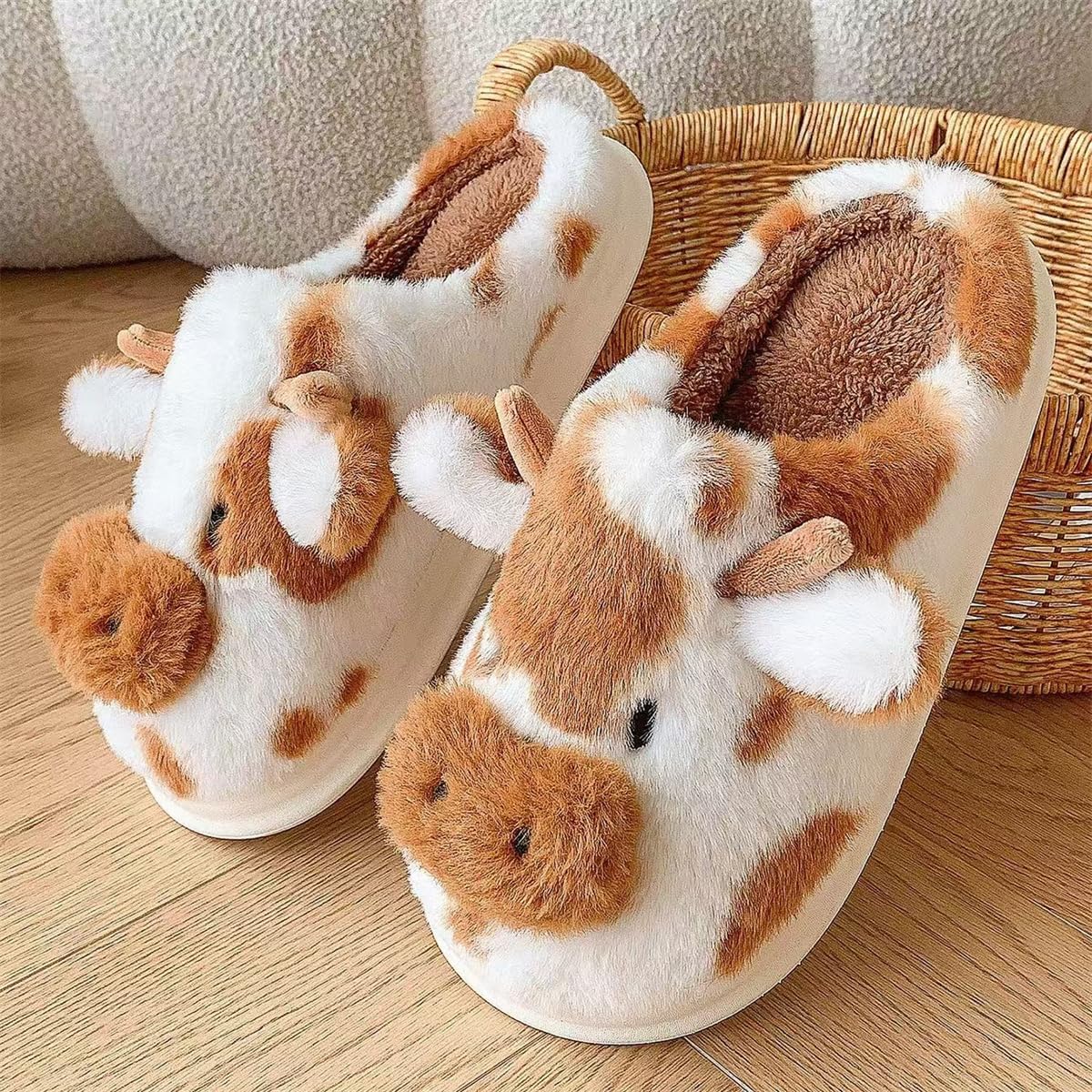 Cartoon Cow Cotton Slippers,Cute Cozy Fuzzy Animal Slippers For Women Men,Winter Warm Plush Comfy Indoor Outdoor Slippers - Image 3