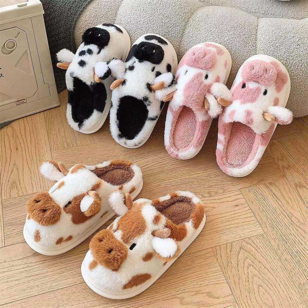 Cartoon Cow Cotton Slippers,Cute Cozy Fuzzy Animal Slippers For Women Men,Winter Warm Plush Comfy Indoor Outdoor Slippers - Image 4