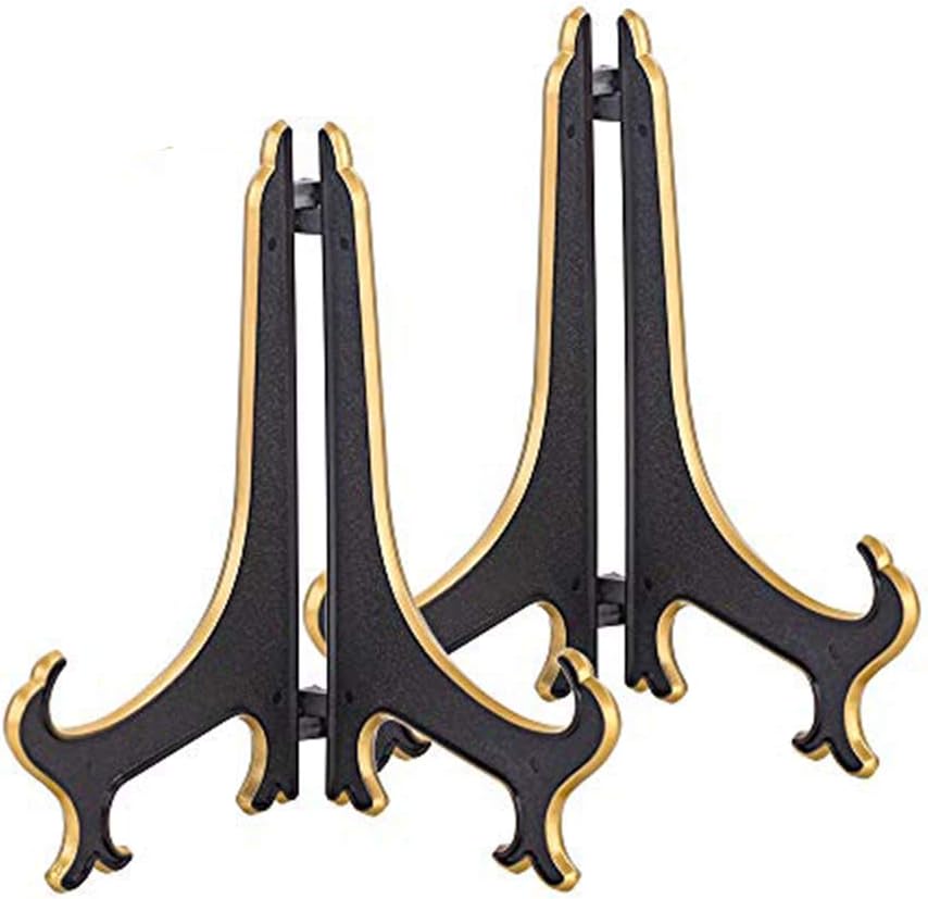 8 Inch Plate Display Stand - Adjustable Easel Holder for Decorative Plates, Pictures, Cookbooks - Black Gold Tabletop Stands with Foldable Design - 2 Pack - Image 1