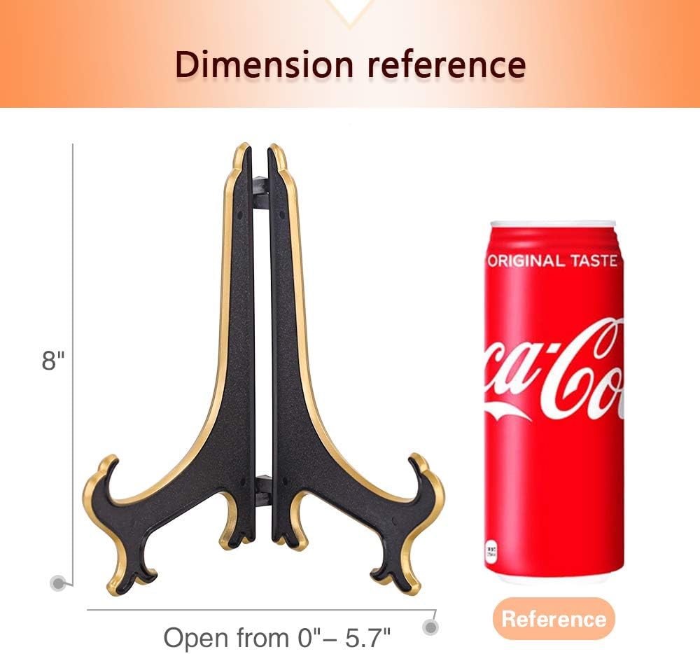 8 Inch Plate Display Stand - Adjustable Easel Holder for Decorative Plates, Pictures, Cookbooks - Black Gold Tabletop Stands with Foldable Design - 2 Pack - Image 2