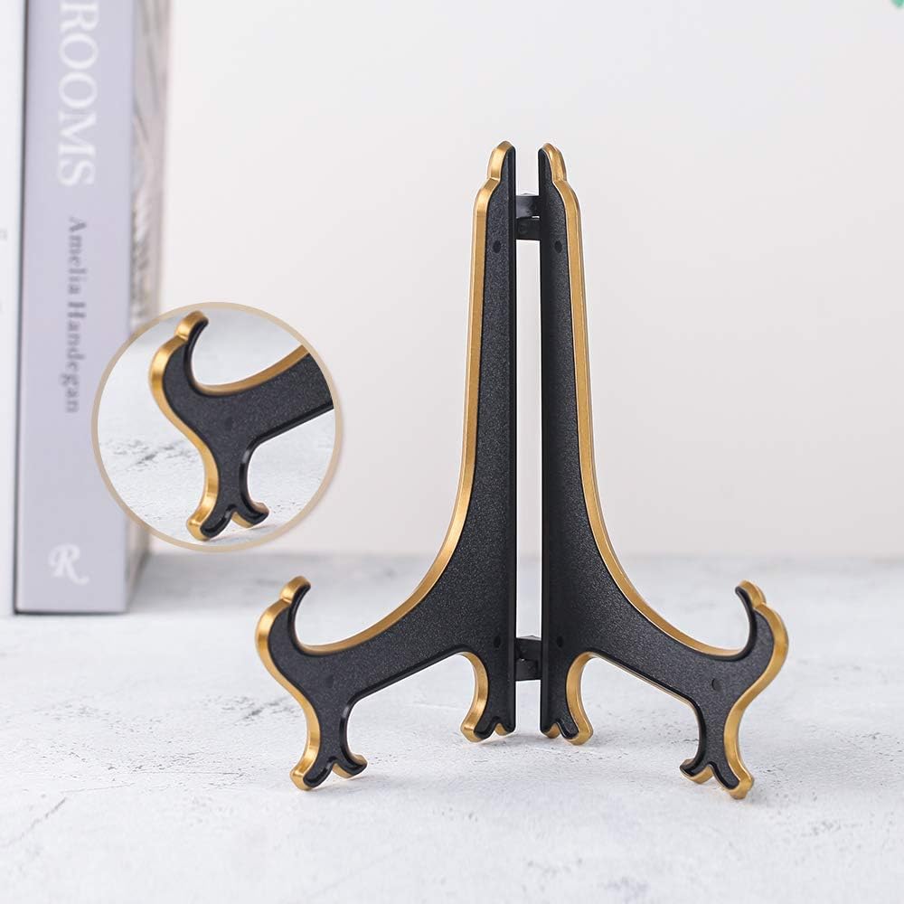 8 Inch Plate Display Stand - Adjustable Easel Holder for Decorative Plates, Pictures, Cookbooks - Black Gold Tabletop Stands with Foldable Design - 2 Pack - Image 3