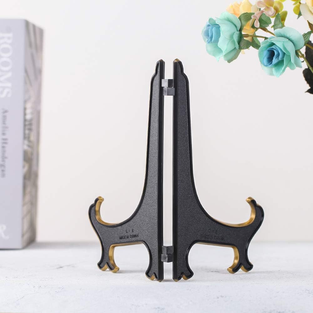 8 Inch Plate Display Stand - Adjustable Easel Holder for Decorative Plates, Pictures, Cookbooks - Black Gold Tabletop Stands with Foldable Design - 2 Pack - Image 4