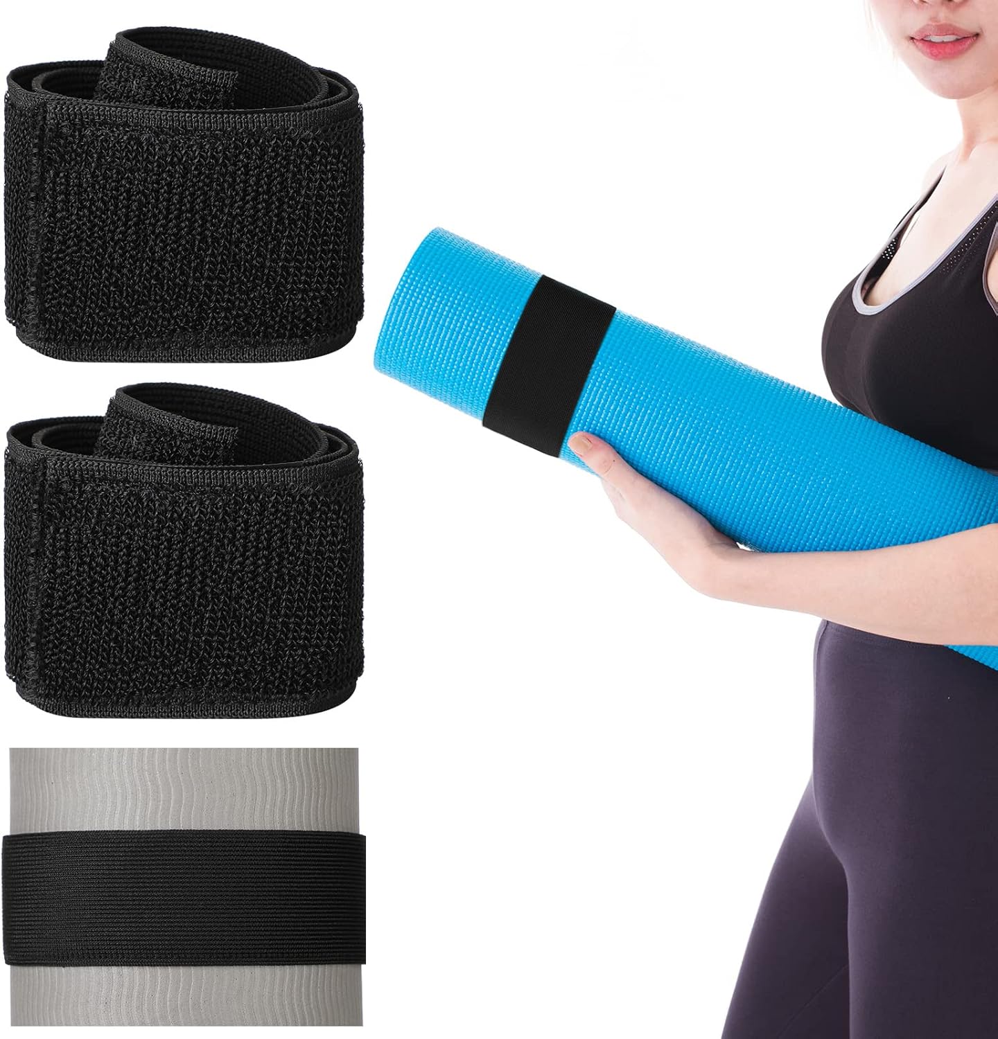 4 Pcs Nylon Yoga Mat Strap Stretchable Holder Straps Heavy Duty Bungee Straps Band Adjustable Carrying Strap for Exercise Workout Pilates Yoga Mat Storage Gym, Black - Image 1