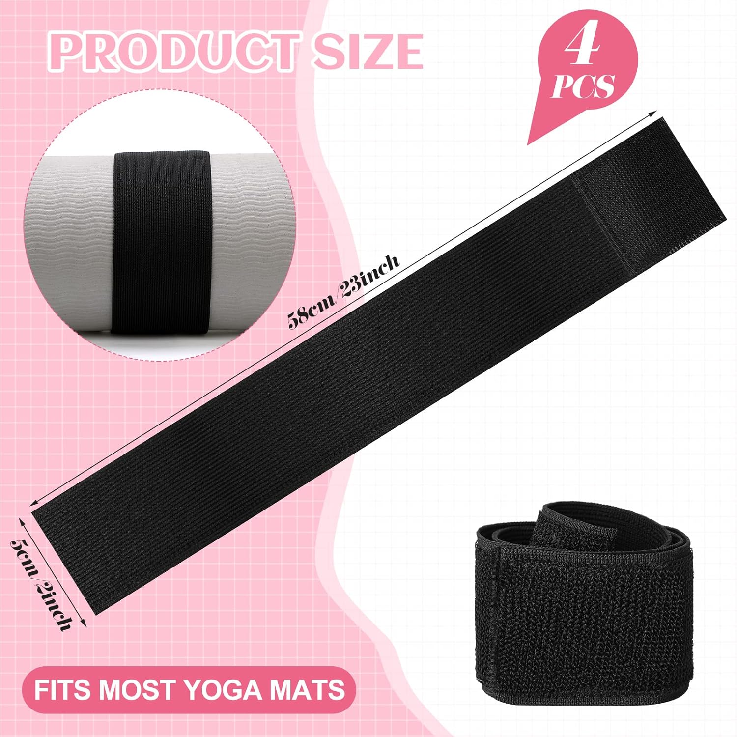 4 Pcs Nylon Yoga Mat Strap Stretchable Holder Straps Heavy Duty Bungee Straps Band Adjustable Carrying Strap for Exercise Workout Pilates Yoga Mat Storage Gym, Black - Image 2