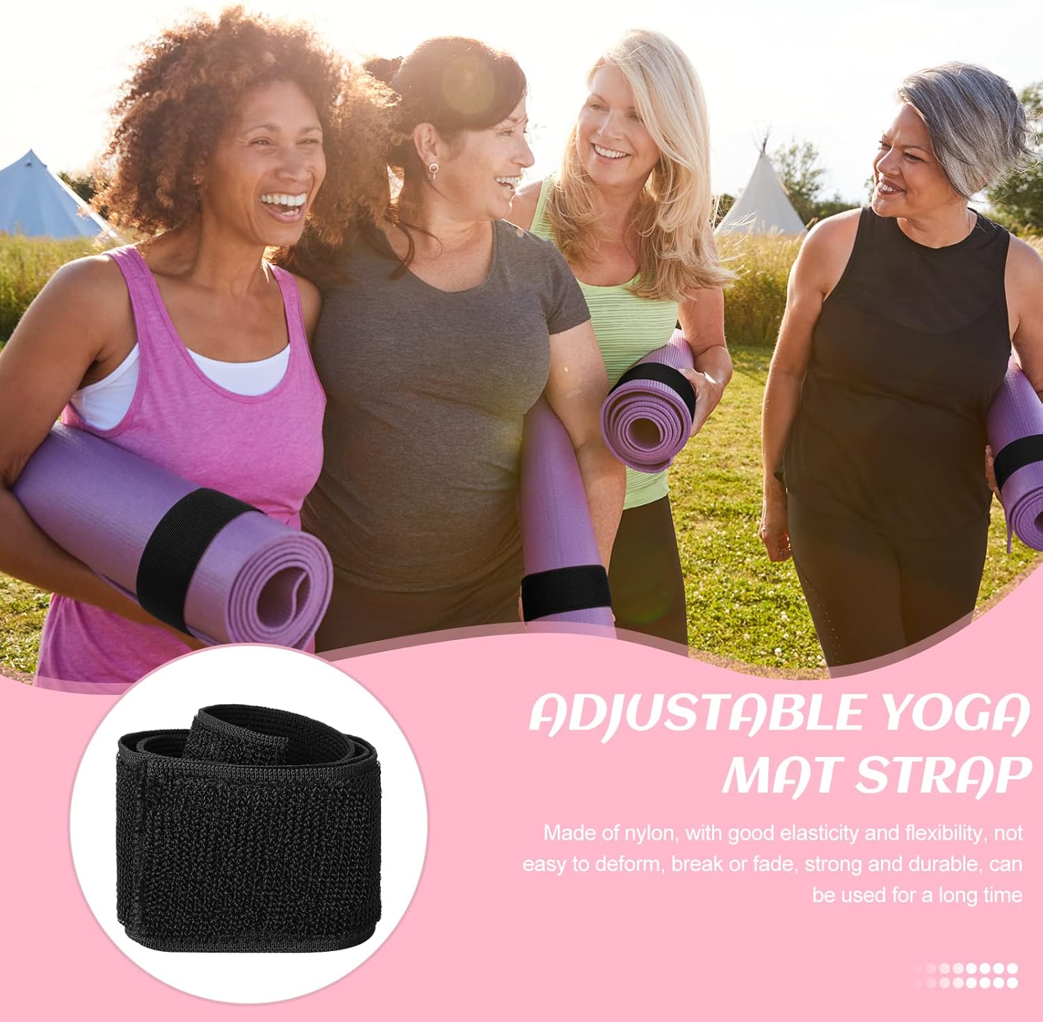 4 Pcs Nylon Yoga Mat Strap Stretchable Holder Straps Heavy Duty Bungee Straps Band Adjustable Carrying Strap for Exercise Workout Pilates Yoga Mat Storage Gym, Black - Image 4