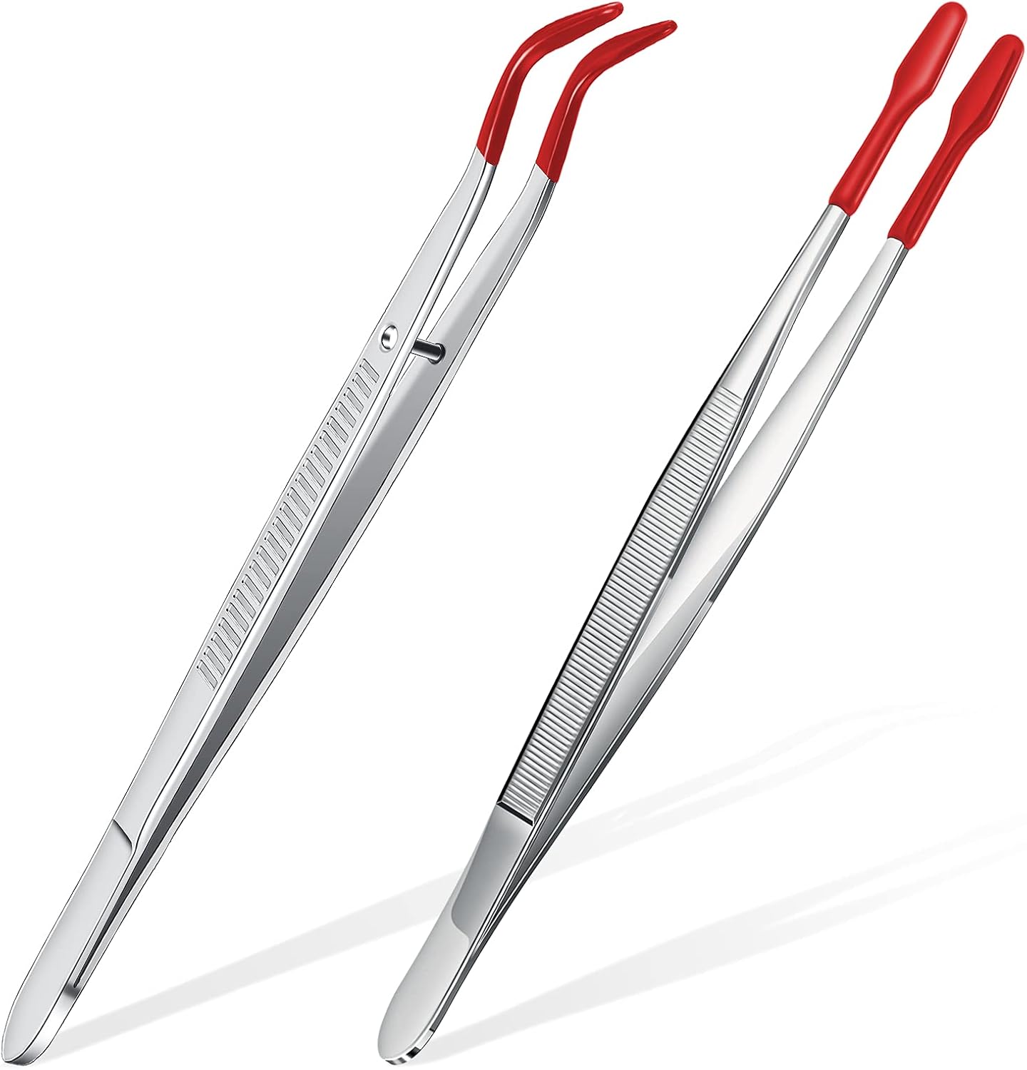 2 Piece Tweezers with Rubber Tips Set - Bent and Straight Flat Tips Tweezers PVC Coated for Stamp Coins Jewelry Crafts, Electronics(Silver, Red) - Image 1