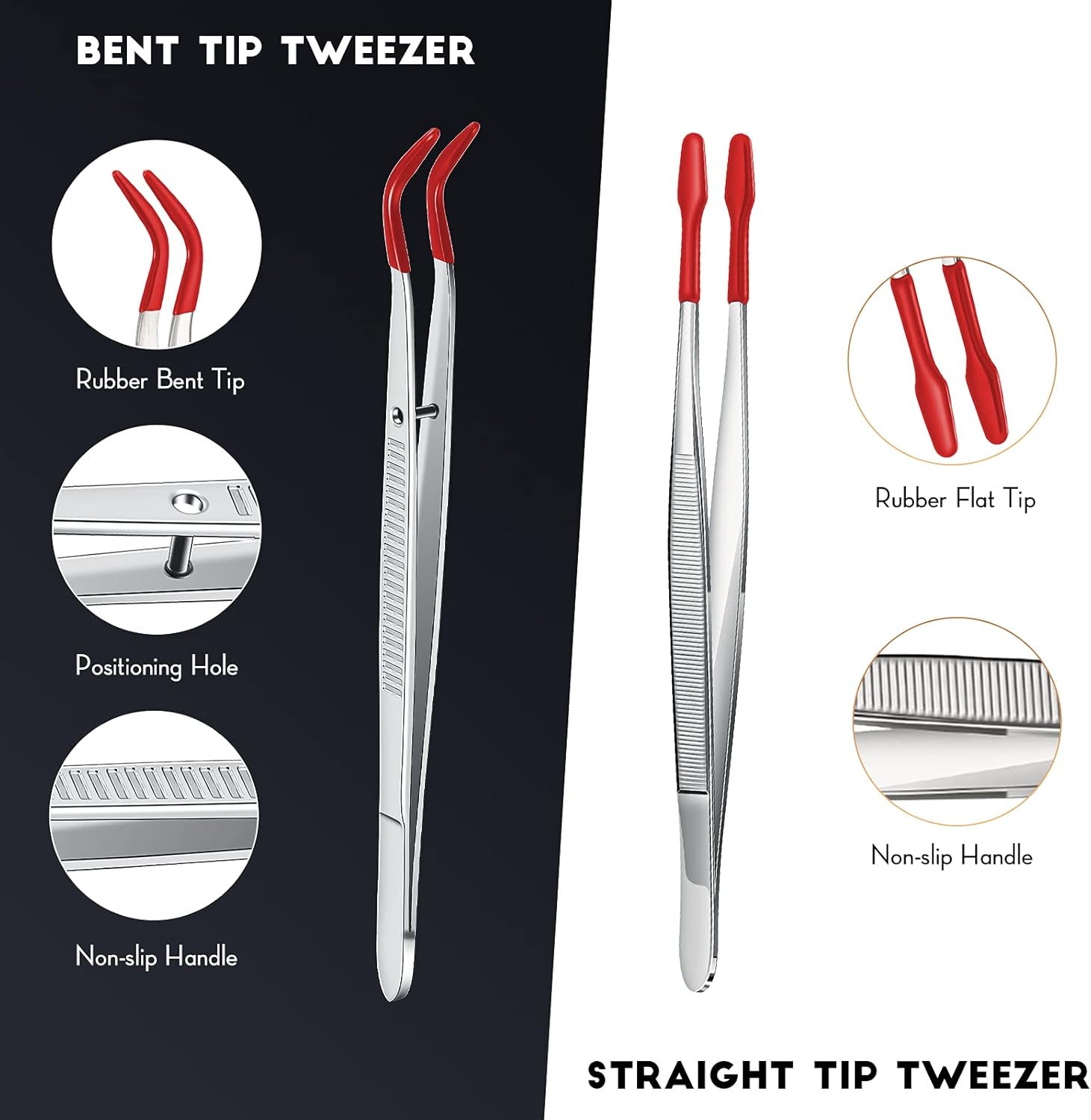 2 Piece Tweezers with Rubber Tips Set - Bent and Straight Flat Tips Tweezers PVC Coated for Stamp Coins Jewelry Crafts, Electronics(Silver, Red) - Image 2