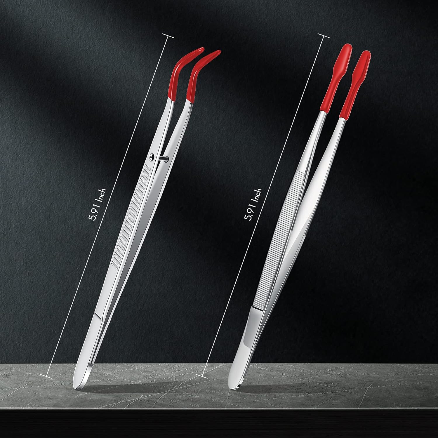 2 Piece Tweezers with Rubber Tips Set - Bent and Straight Flat Tips Tweezers PVC Coated for Stamp Coins Jewelry Crafts, Electronics(Silver, Red) - Image 3