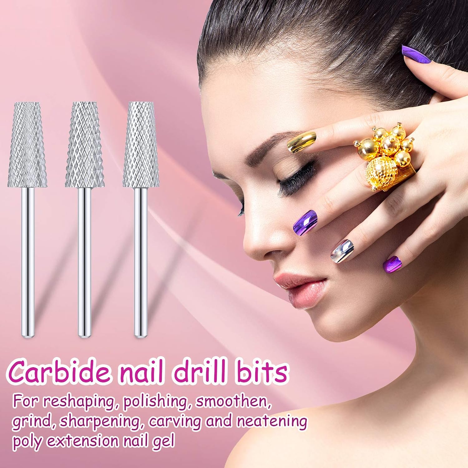 3 Pieces Tapered Barrel Carbide Nail Drill Bit, 3 Sizes Carbide Nail Drill Bit Acrylic File Cuticle, Art Tools for Gel Manicure Pedicure(XF, F, M,Silver) - Image 5