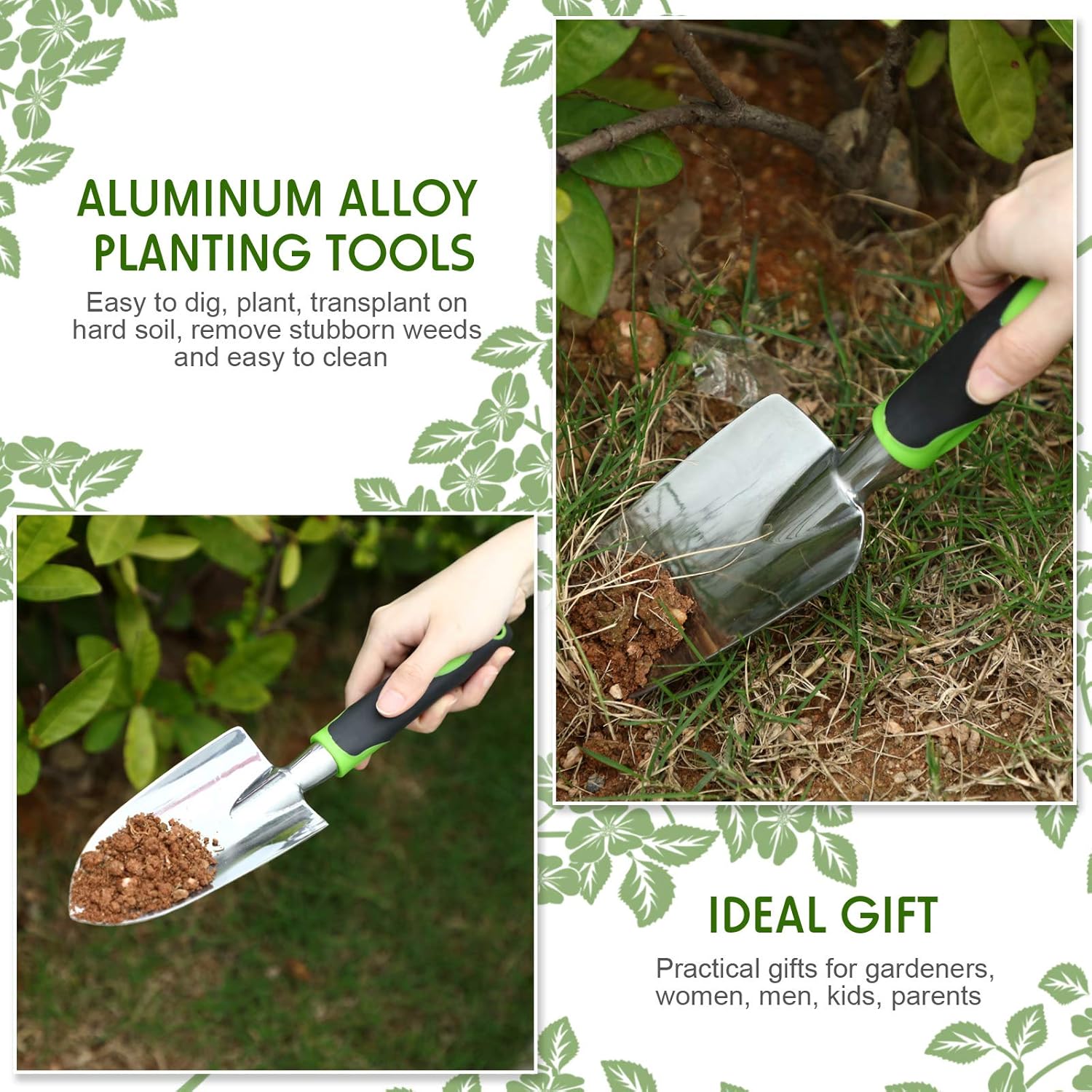 2 Pcs Garden Trowel Hand Shovel Tool Soil Scoop with Soft Rubberized Non Slip Handle Aluminum Alloy Potting Shovel for Digging Planting (Yellow, Green) - Image 4