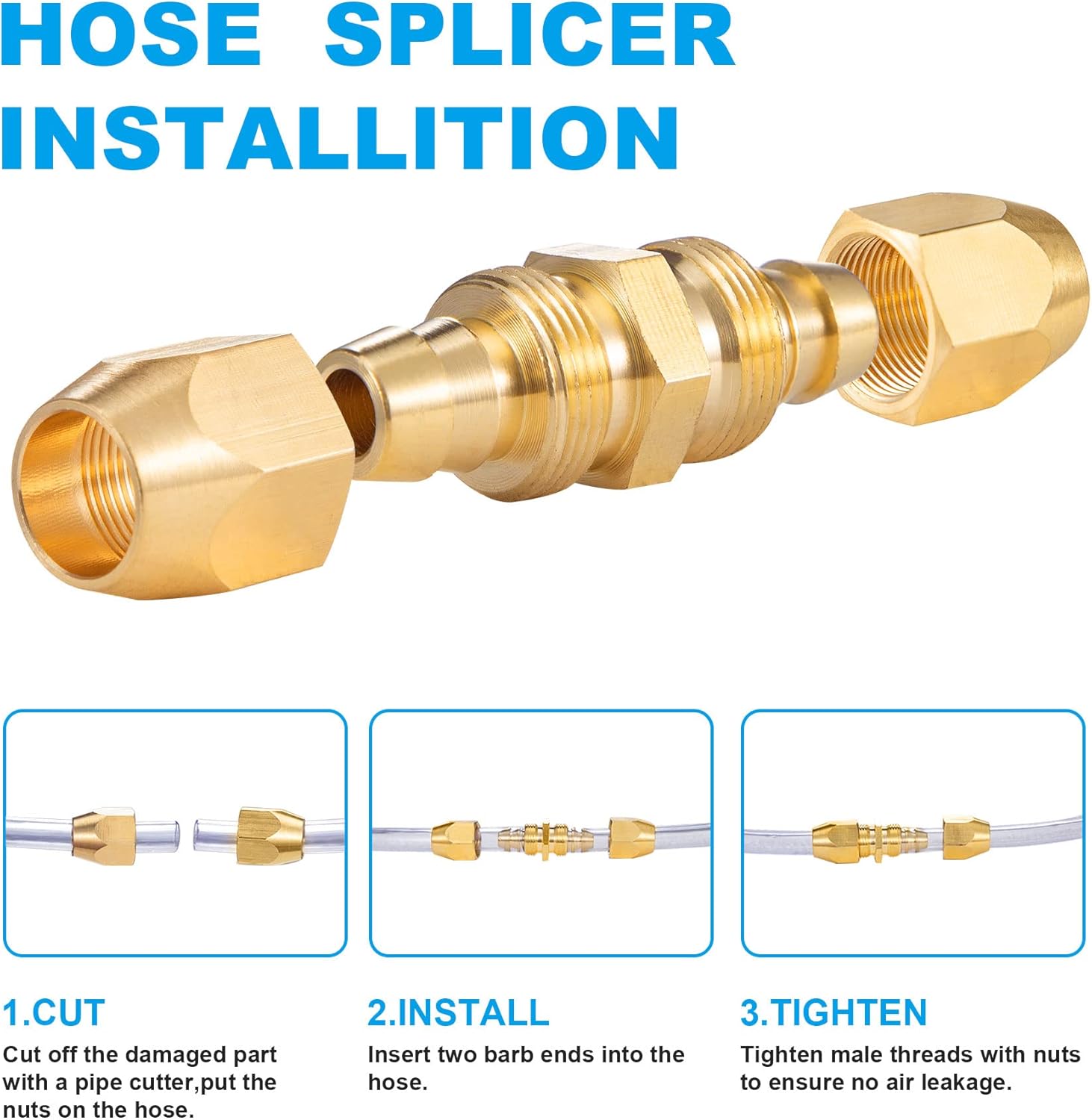 4PCS Soild Brass Air Reusable Hose Splicer For 1/4-Inch ID Hose,1/4