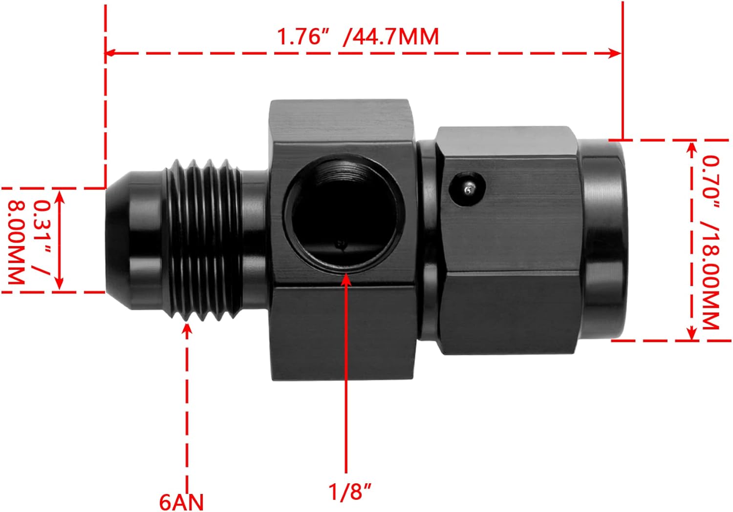 6AN Male Flare to -6 Female Swivel with 1/8 NPT Gauge Port Fuel Pressure Take Off Fitting Adapter Aluminum - Image 2