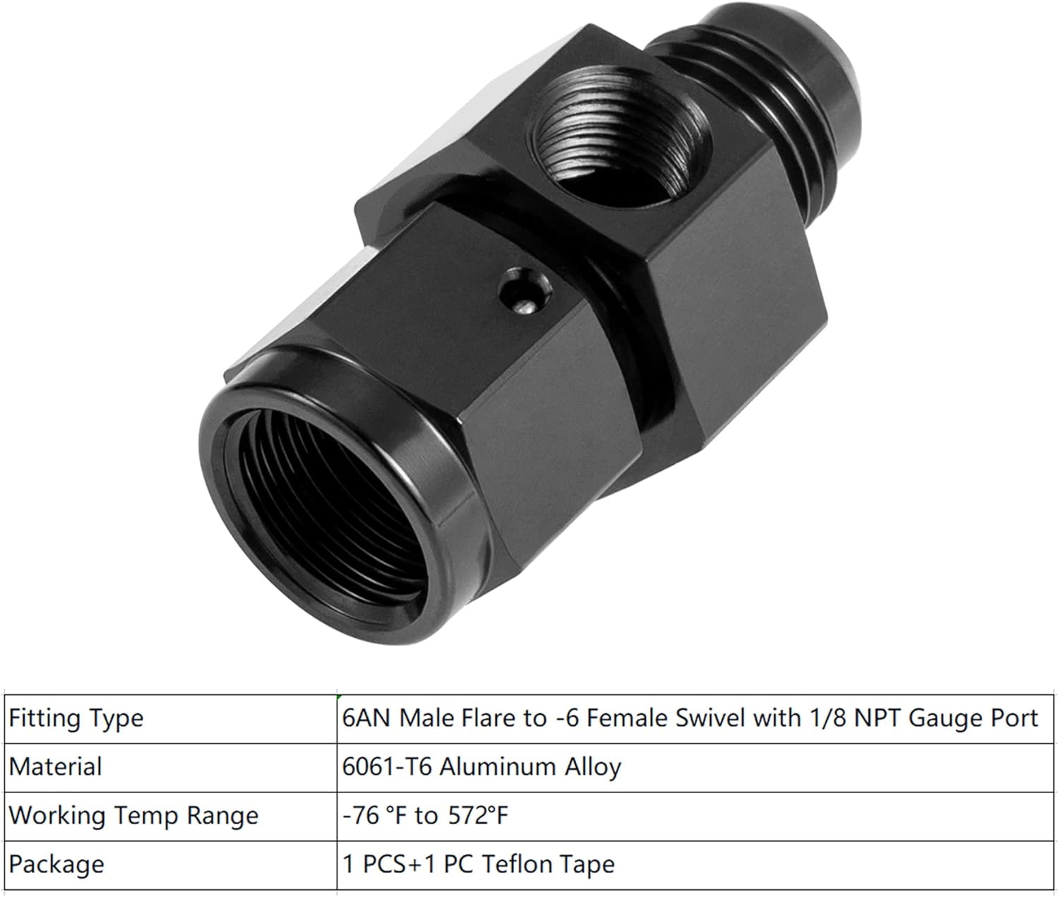 6AN Male Flare to -6 Female Swivel with 1/8 NPT Gauge Port Fuel Pressure Take Off Fitting Adapter Aluminum - Image 3