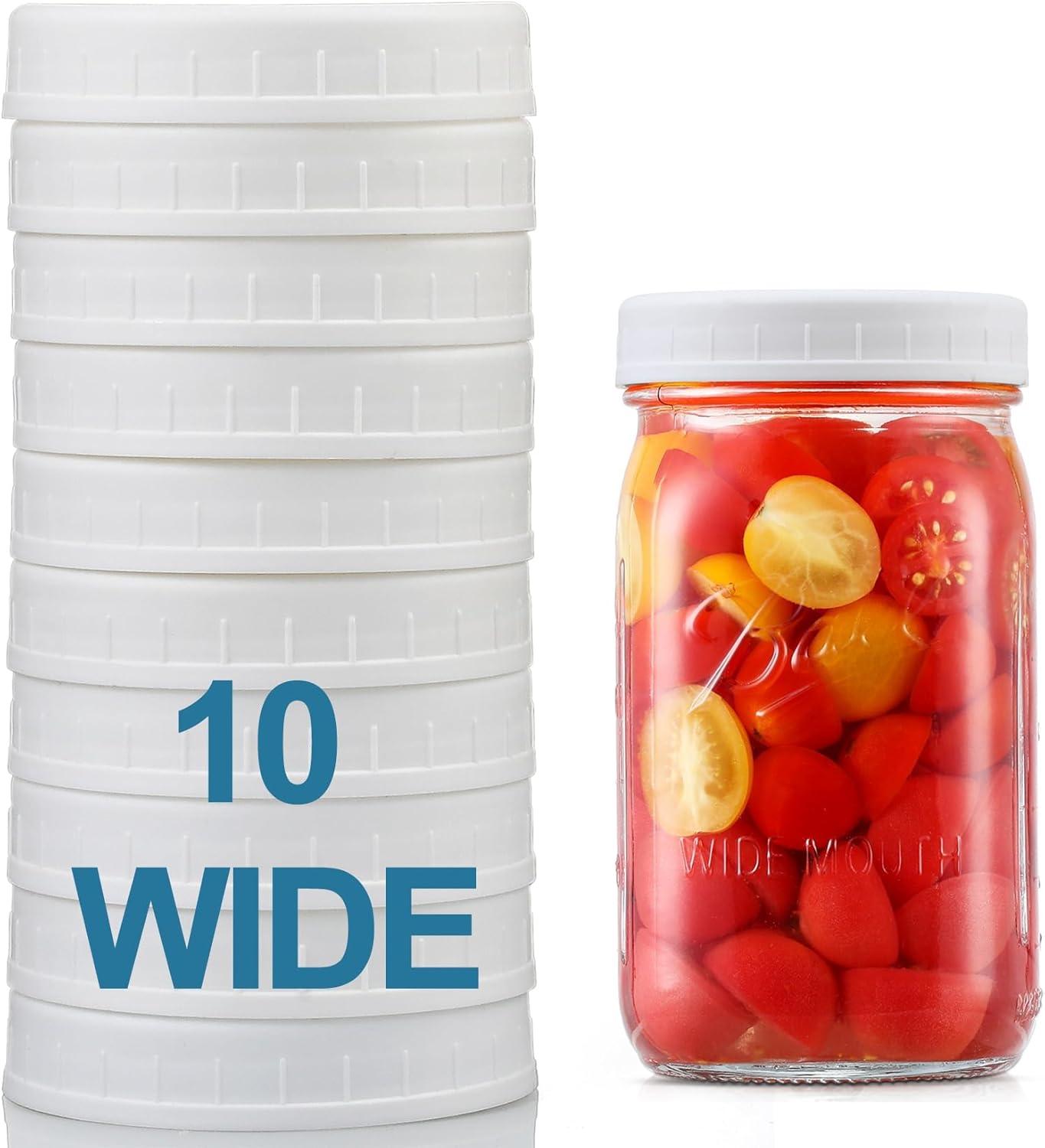 [10 Pack] WIDE Mouth Mason Jar Lids for Ball, Kerr and More - White Plastic Storage Caps for Mason/Canning Jars - Leak-Proof, Dishwasher Safe & Food Grade - Image 1