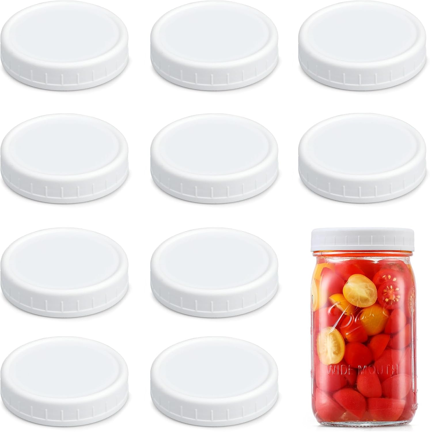 [10 Pack] WIDE Mouth Mason Jar Lids for Ball, Kerr and More - White Plastic Storage Caps for Mason/Canning Jars - Leak-Proof, Dishwasher Safe & Food Grade - Image 8