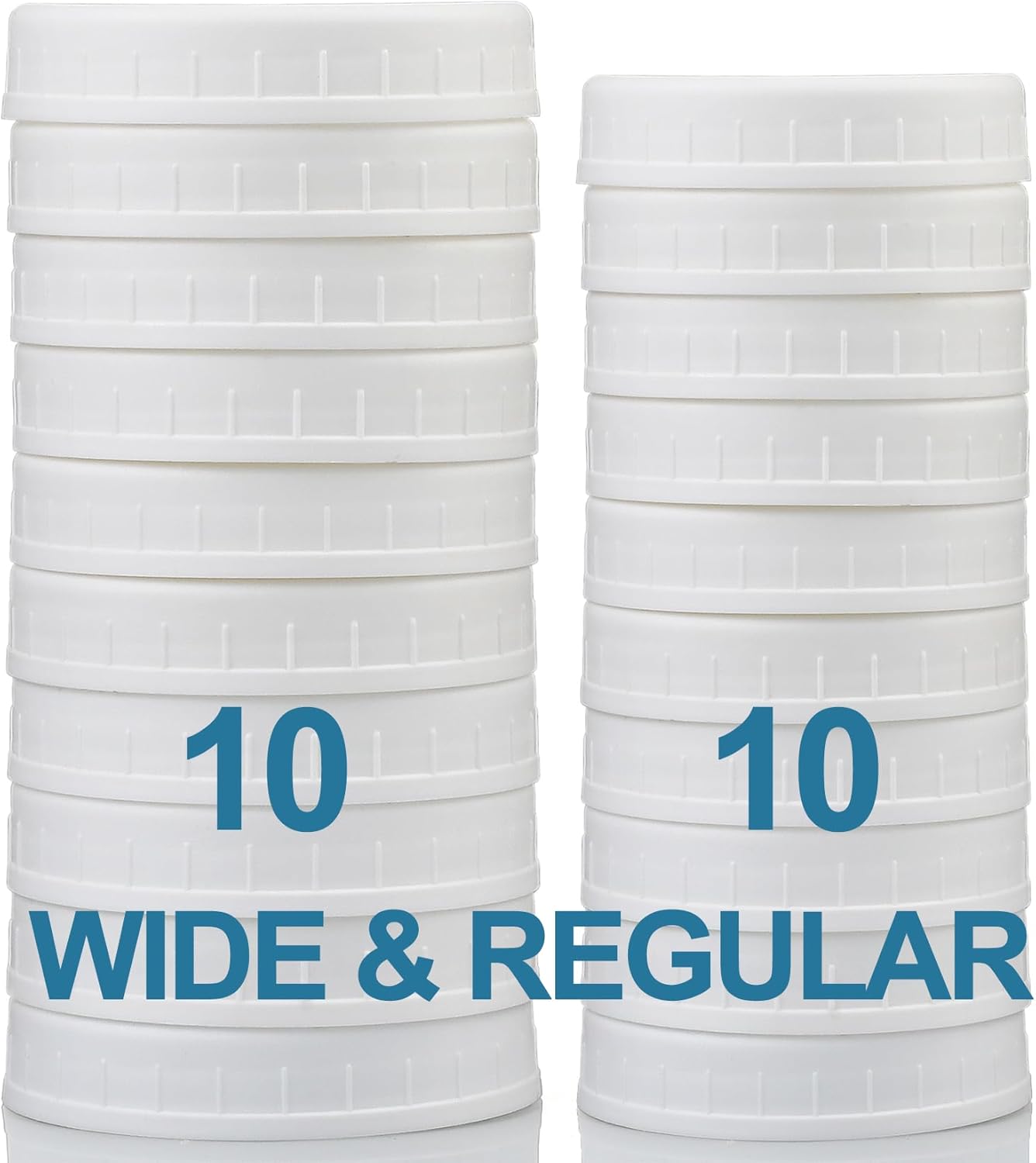 10 WIDE Mouth & 10 REGULAR Mouth Mason Jar Lids - 20 Pack Food Grade Plastic Mason Jar Caps for Ball, Kerr and More Canning Jars - Leakproof & Dishwasher Safe - White - Image 1