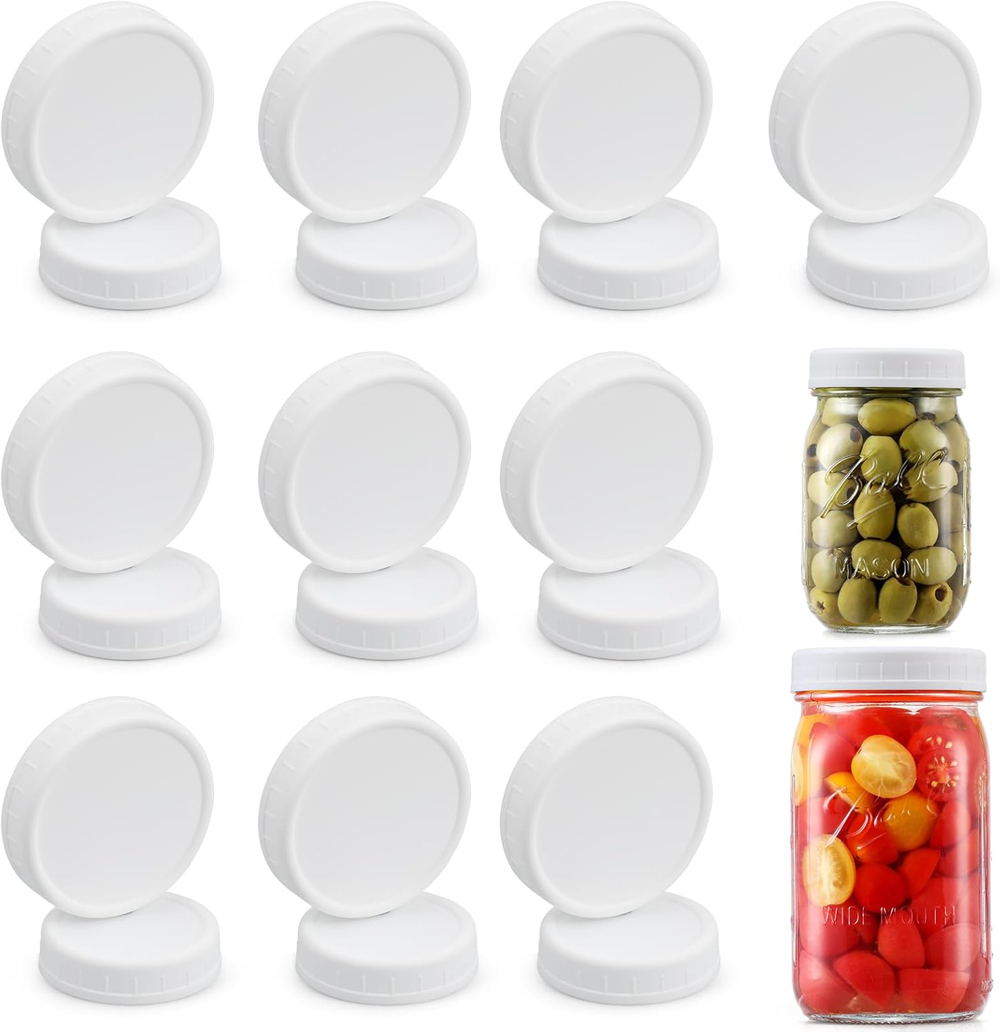 10 WIDE Mouth & 10 REGULAR Mouth Mason Jar Lids - 20 Pack Food Grade Plastic Mason Jar Caps for Ball, Kerr and More Canning Jars - Leakproof & Dishwasher Safe - White - Image 2