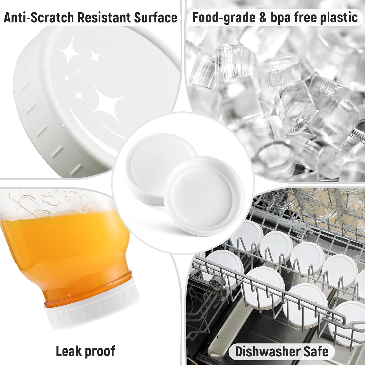 10 WIDE Mouth & 10 REGULAR Mouth Mason Jar Lids - 20 Pack Food Grade Plastic Mason Jar Caps for Ball, Kerr and More Canning Jars - Leakproof & Dishwasher Safe - White - Image 4