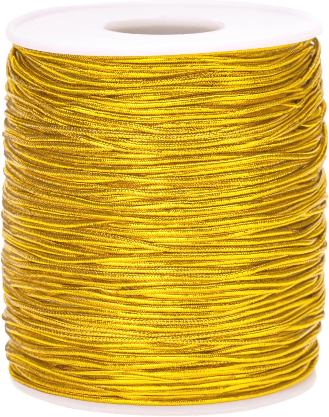 110Yard Gold Elastic Cord - 1MM Gold Elastic String Metallic Tinsel Stretch Cord Elastic Ribbon Braiding Rope for Ornament Craft Hair Gift Wrapping Hang Jewelry Making Bracelet Christmas Decor - Image 1