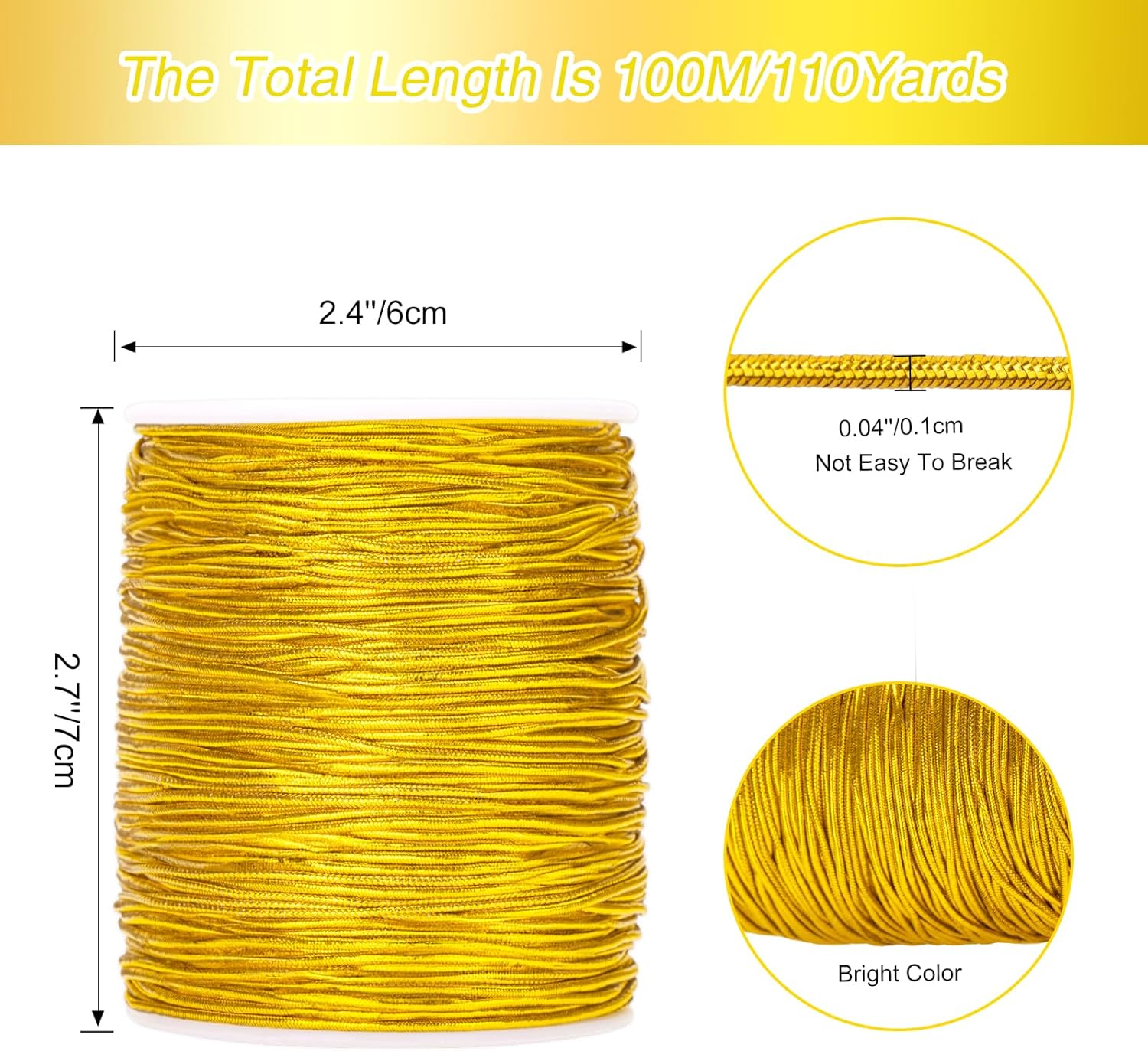 110Yard Gold Elastic Cord - 1MM Gold Elastic String Metallic Tinsel Stretch Cord Elastic Ribbon Braiding Rope for Ornament Craft Hair Gift Wrapping Hang Jewelry Making Bracelet Christmas Decor - Image 2