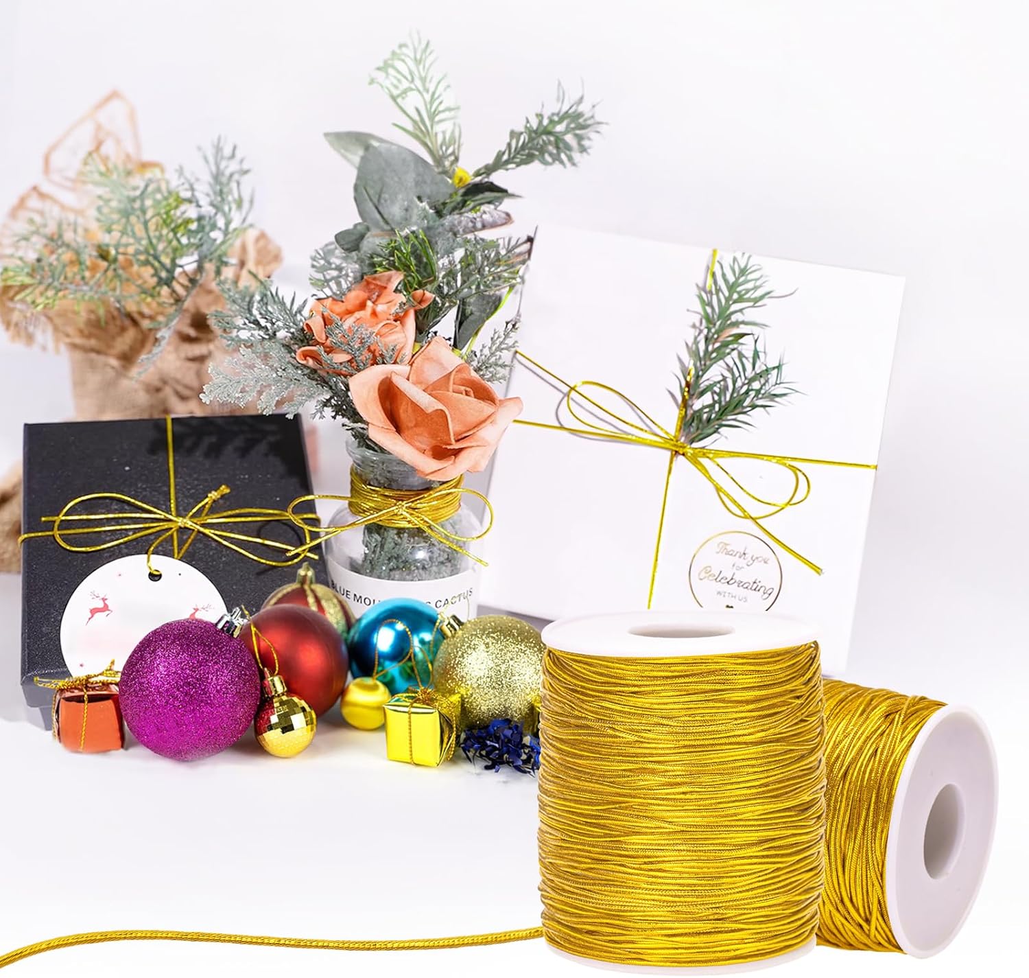 110Yard Gold Elastic Cord - 1MM Gold Elastic String Metallic Tinsel Stretch Cord Elastic Ribbon Braiding Rope for Ornament Craft Hair Gift Wrapping Hang Jewelry Making Bracelet Christmas Decor - Image 8