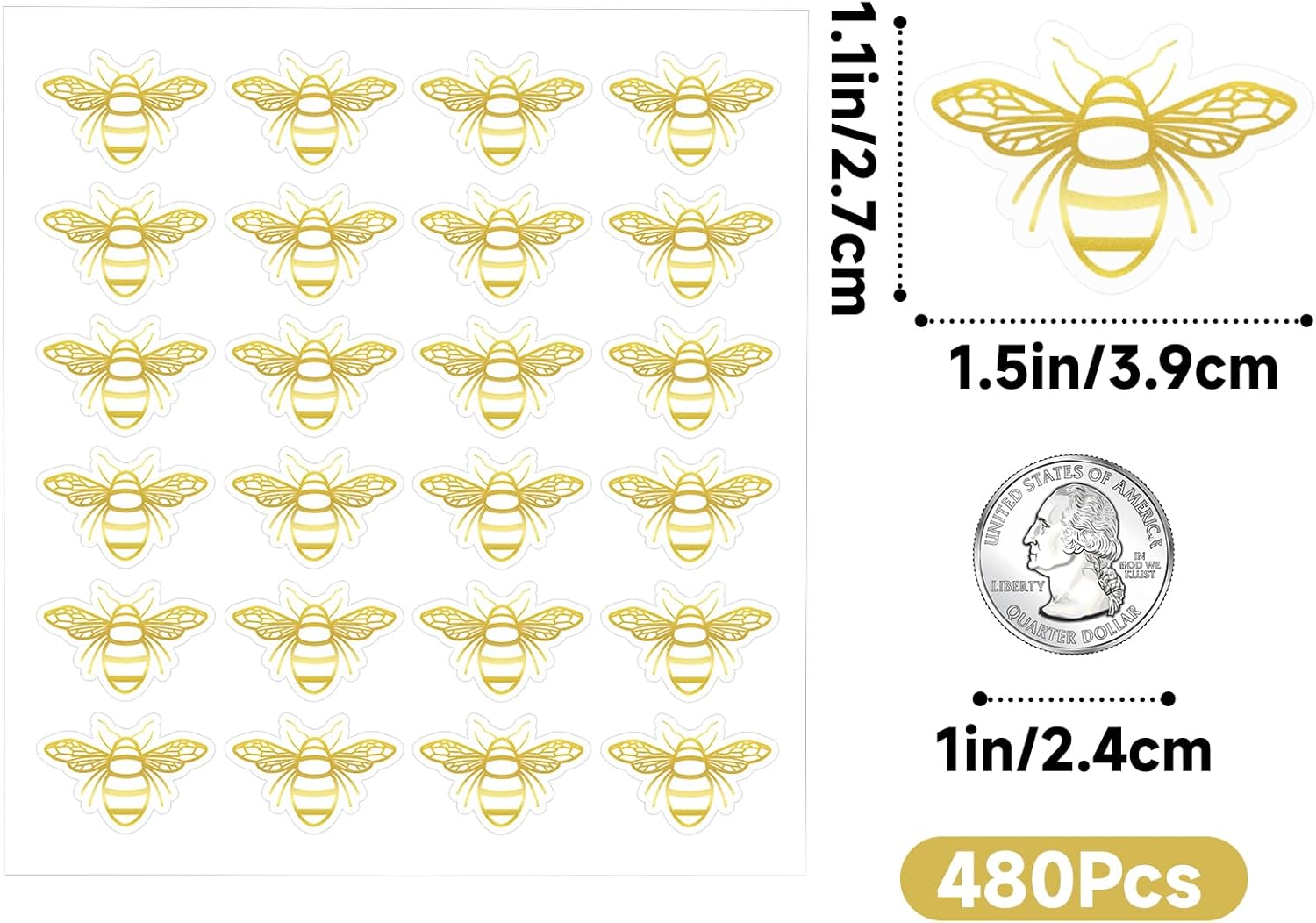480Pcs Bee Stickers - Gold Foil Envelope Seal Label Sticker Queen Bee Decals Stickers Self Adhesive Clear Bee Spring Summer Stickers for Gift Card Craft Baby Shower Birthday Party Favors - Image 2