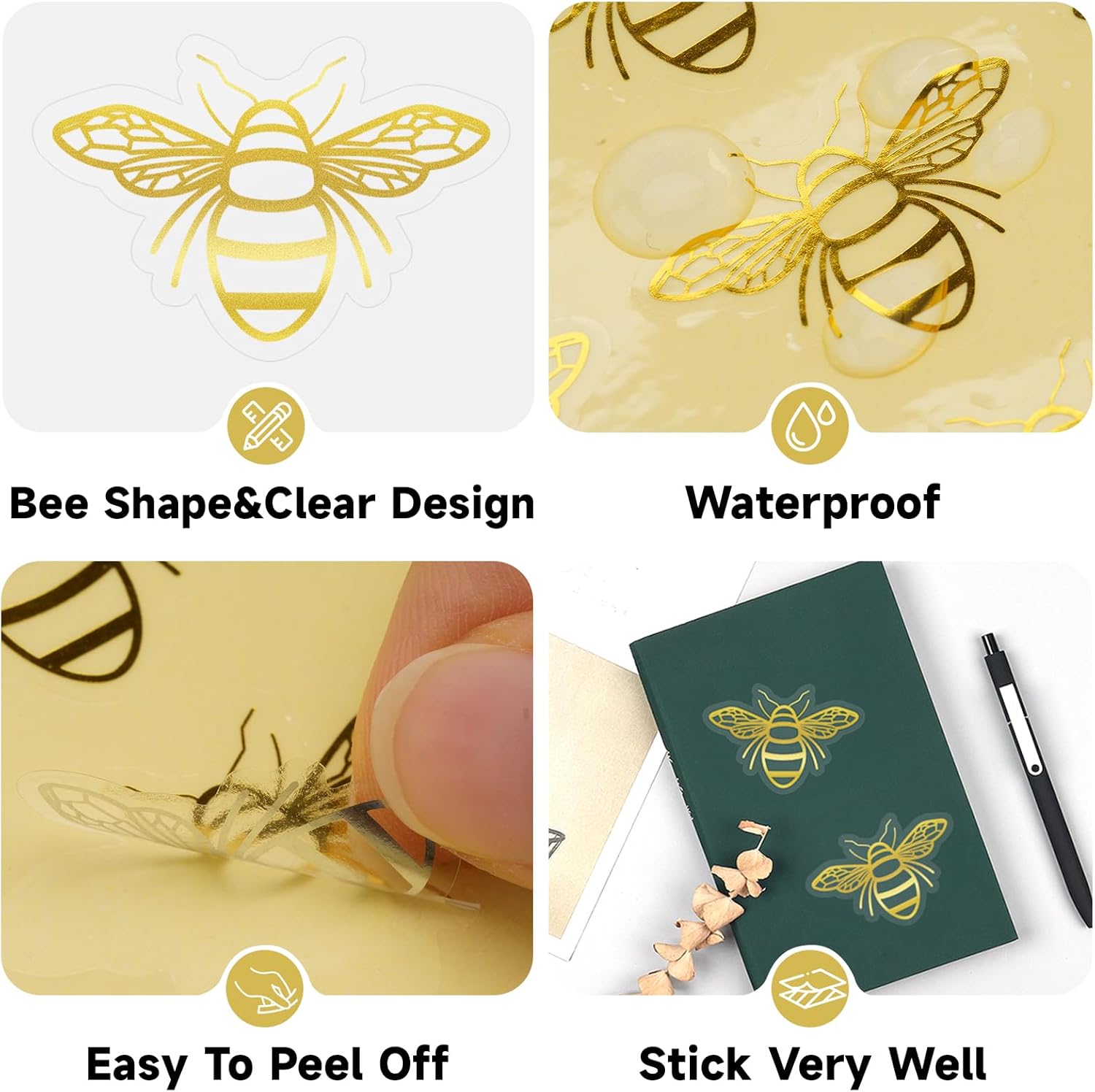 480Pcs Bee Stickers - Gold Foil Envelope Seal Label Sticker Queen Bee Decals Stickers Self Adhesive Clear Bee Spring Summer Stickers for Gift Card Craft Baby Shower Birthday Party Favors - Image 3