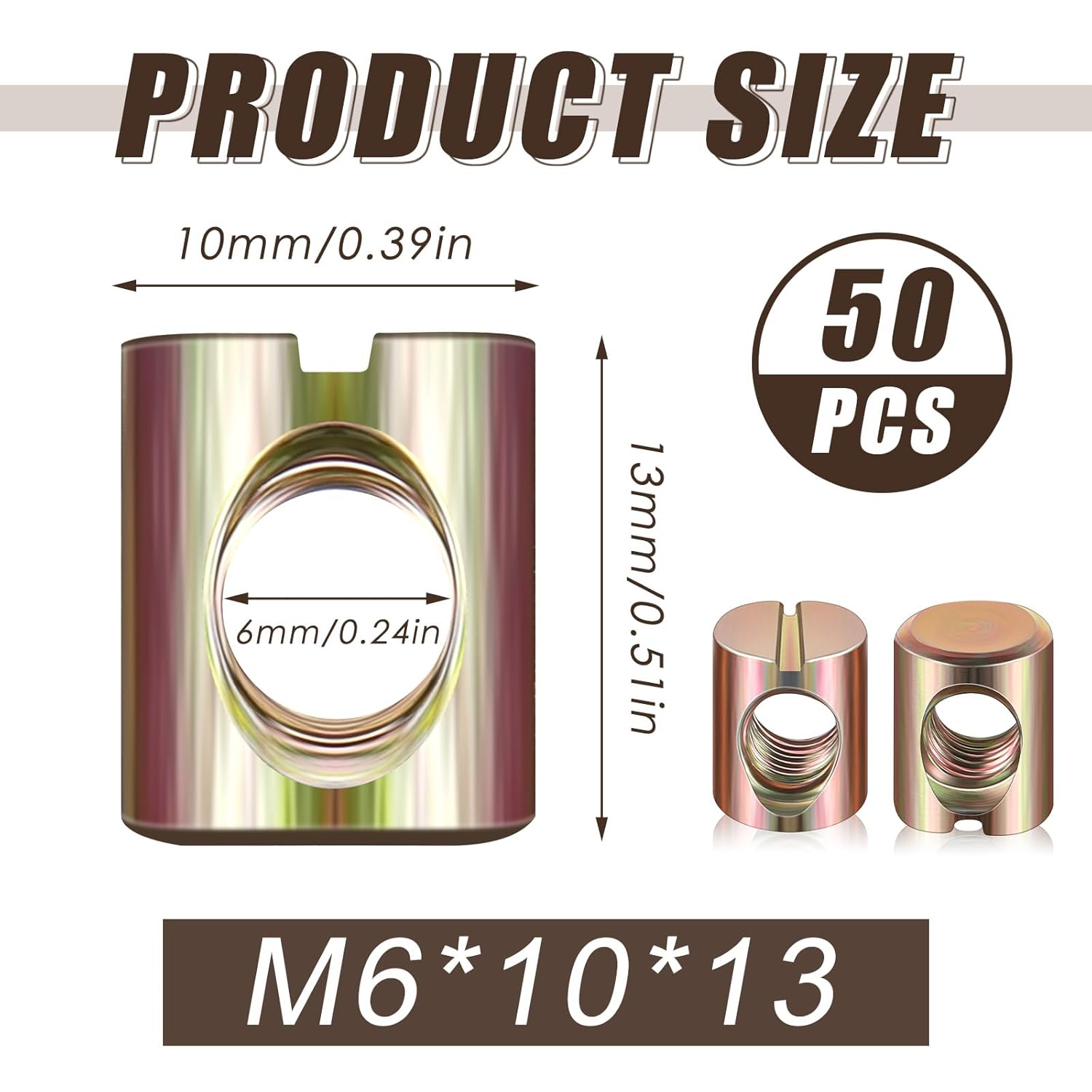 50 Pcs Metric M6 Barrel Nuts Cross Dowels Slotted Nuts Bunk Bed Replacement Hardware Headboard Hardware Kit for Baby Bed Crib Chairs Furniture M6 x 10 mm x 13 mm(Gold) - Image 2