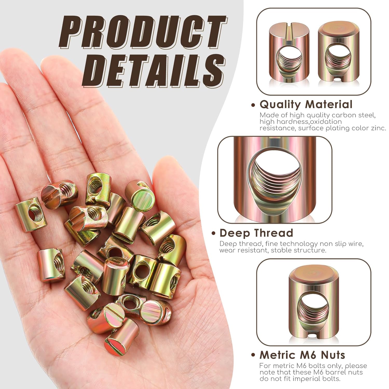 50 Pcs Metric M6 Barrel Nuts Cross Dowels Slotted Nuts Bunk Bed Replacement Hardware Headboard Hardware Kit for Baby Bed Crib Chairs Furniture M6 x 10 mm x 13 mm(Gold) - Image 3