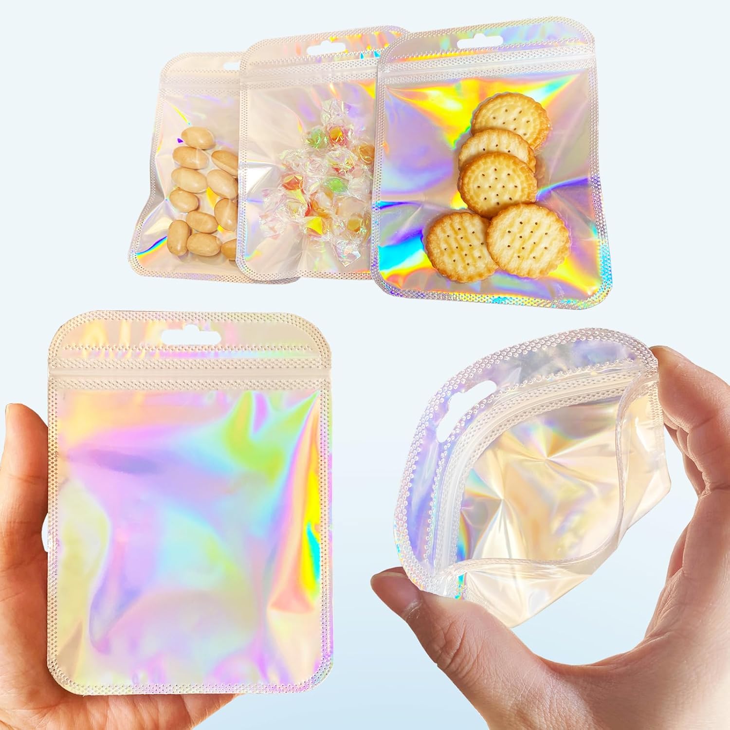 100 Pcs Holographic Resealable Packaging Bags for Small Business Supplies, Cute Small Color Smell Proof Bags Plastic Baggies for Lip Gloss Soap Party Food Storage 4x6inch - Image 2