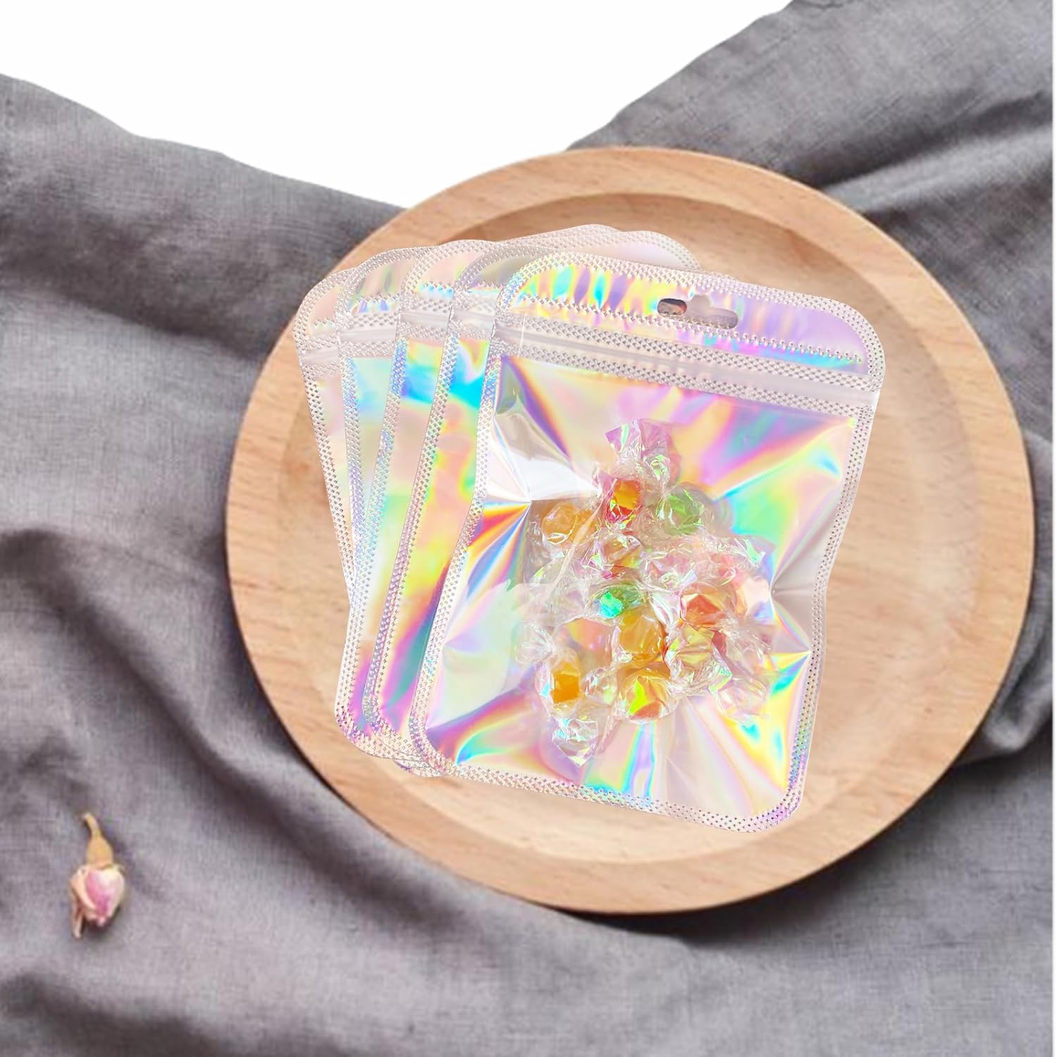 100 Pcs Holographic Resealable Packaging Bags for Small Business Supplies, Cute Small Color Smell Proof Bags Plastic Baggies for Lip Gloss Soap Party Food Storage 4x6inch - Image 4