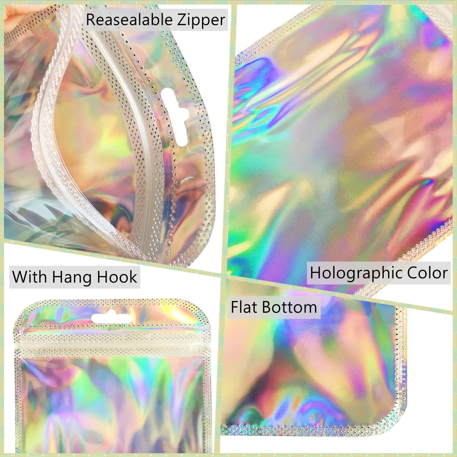 100 Pcs Holographic Resealable Packaging Bags for Small Business Supplies, Cute Small Color Smell Proof Bags Plastic Baggies for Lip Gloss Soap Party Food Storage 4x6inch - Image 5