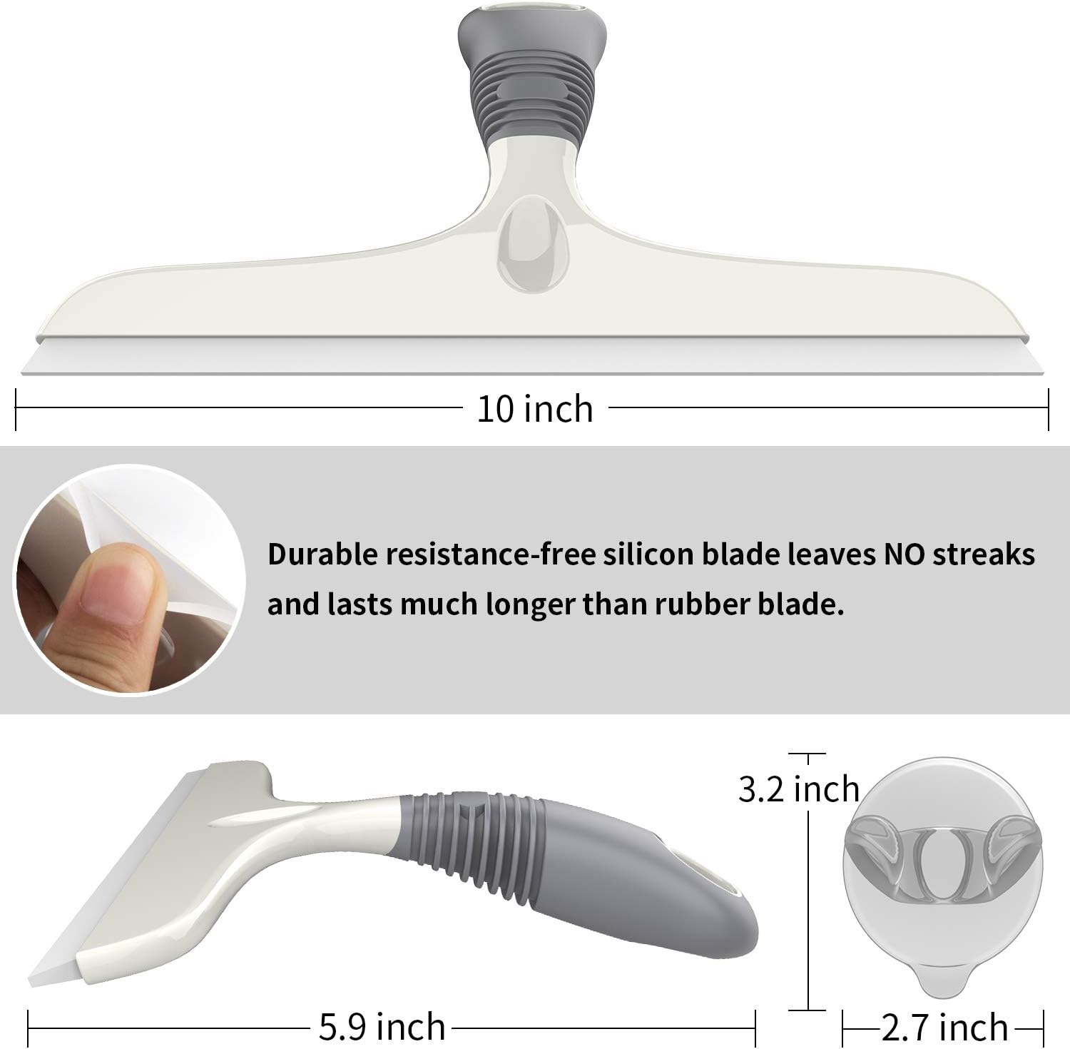 Multi-Purpose Silicon Squeegee for Window, Glass, Shower Door, Car Windshield, Heavy Duty Window Scrubber, Includes Suction Hook, 10 inch, White & Gray, 1 Pack - Image 6